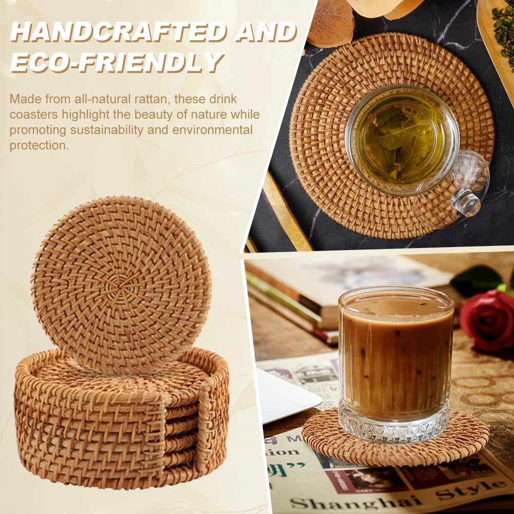 6pcs Handmade Rattan Coaster Set with Holder - Wicker Coasters, Heat-Resistant Drink Coasters for Coffee Table, Housewarming Gifts, Home Decor