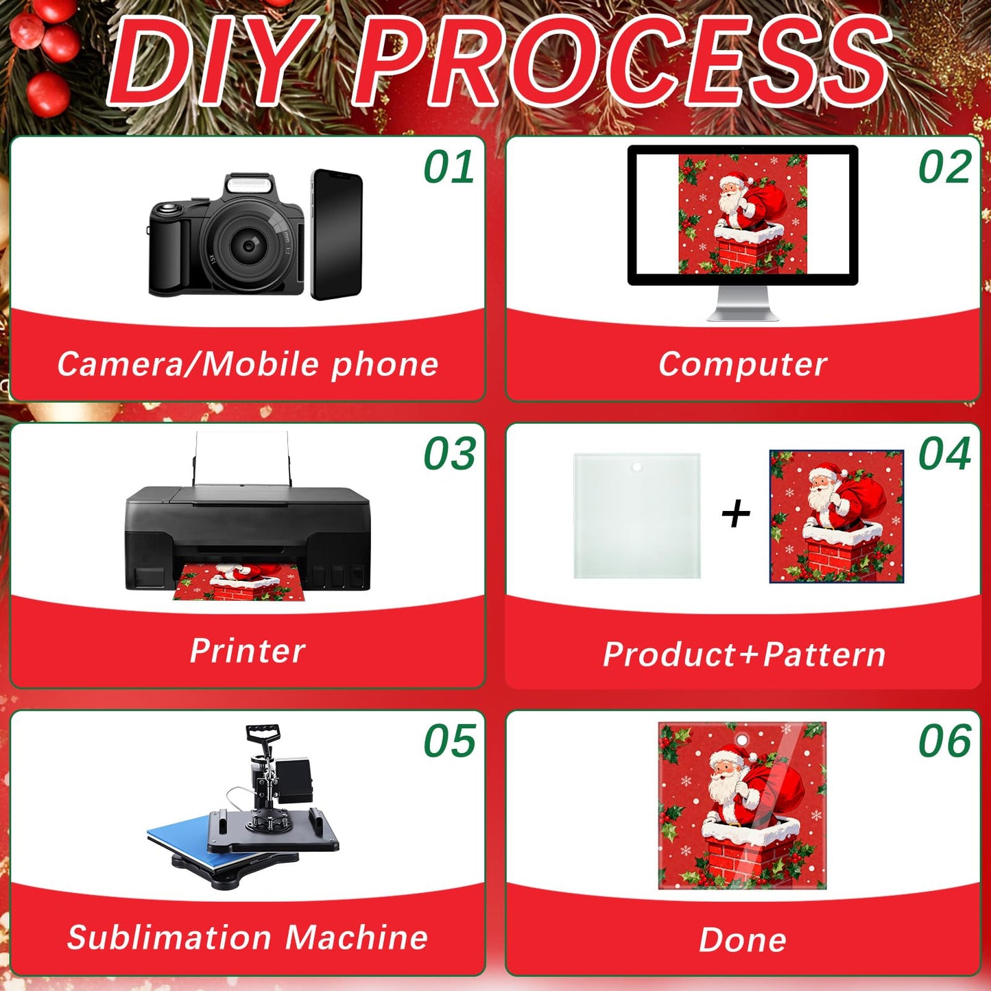 24 PCS Sublimation Glass Christmas Ornaments Sublimation Ornament Blanks 3 inches 12 Round + 12 Square with red Ribbon, Christmas Bulk Package to Create a Personalized Home