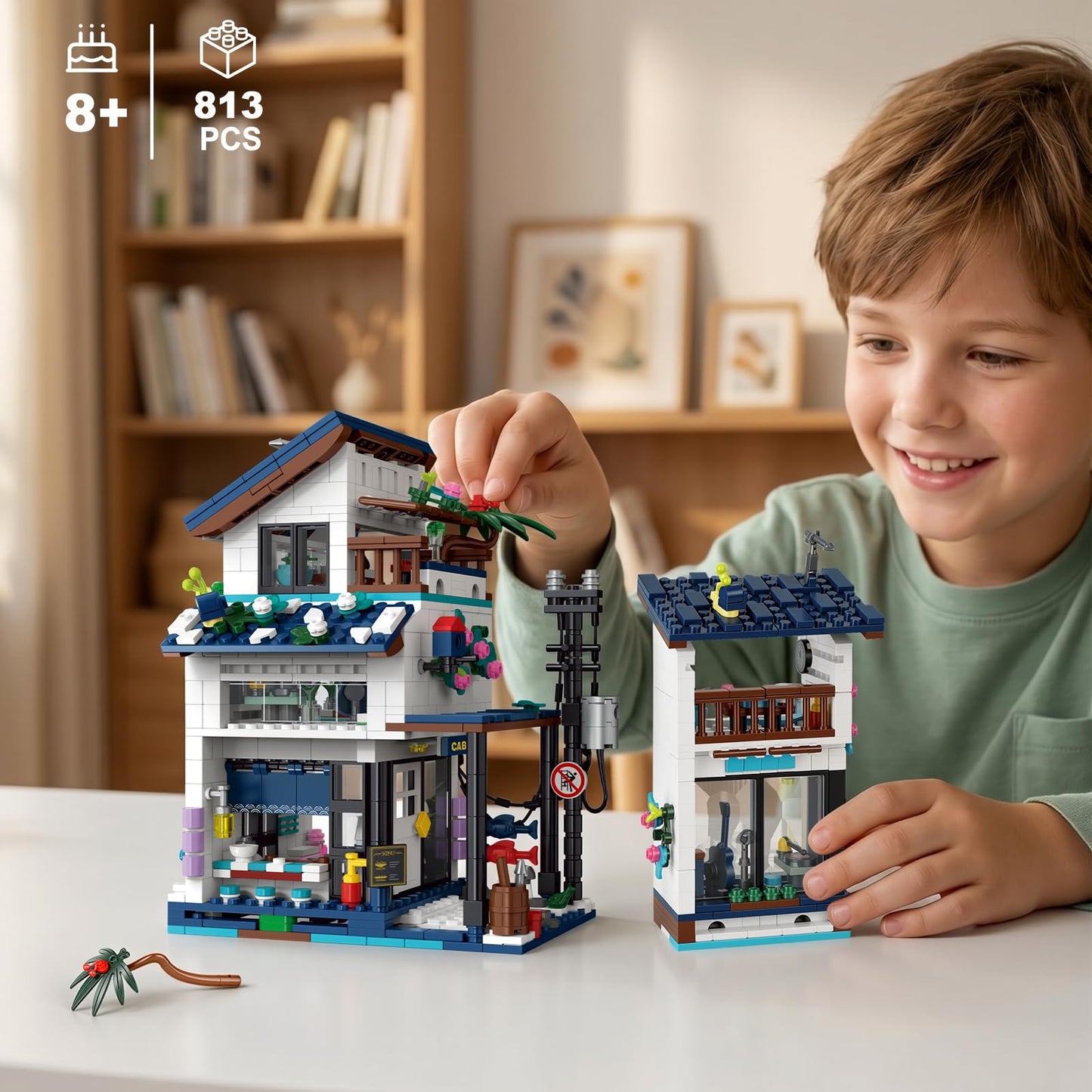 3 in 1 Japanese Style Building Set with Light, Creative Beach House, Lighthouse & Restaurant Model, Architecture Building Blocks Set, for Architecture Lovers