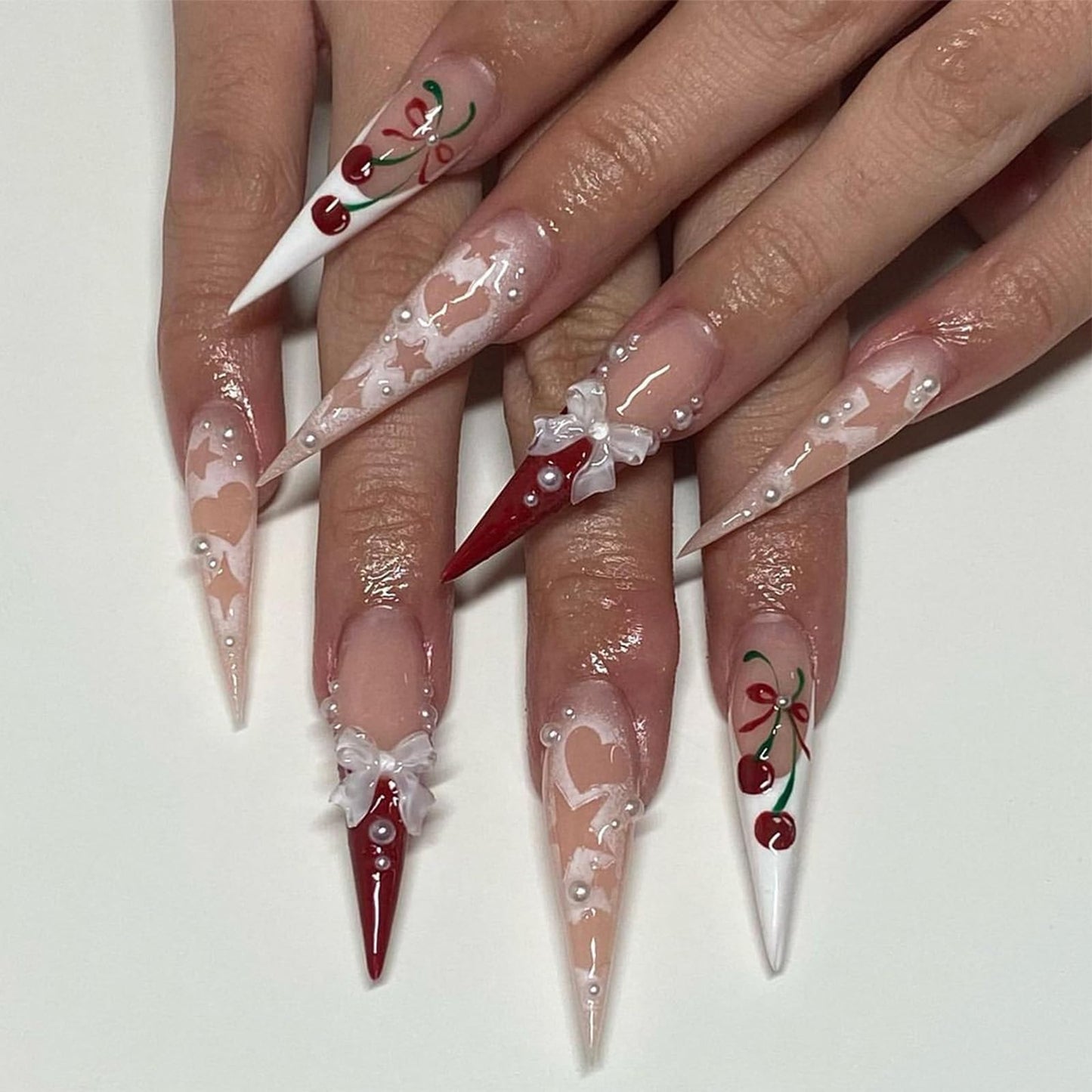 IMRAIN Long Press on Nails Stiletto Red French Tips Fake Nails Full Cover Glossy Acrylic Nails Press ons Cute Cherry & Bow Designs Glue Stick on False Nails for Women 24Pcs