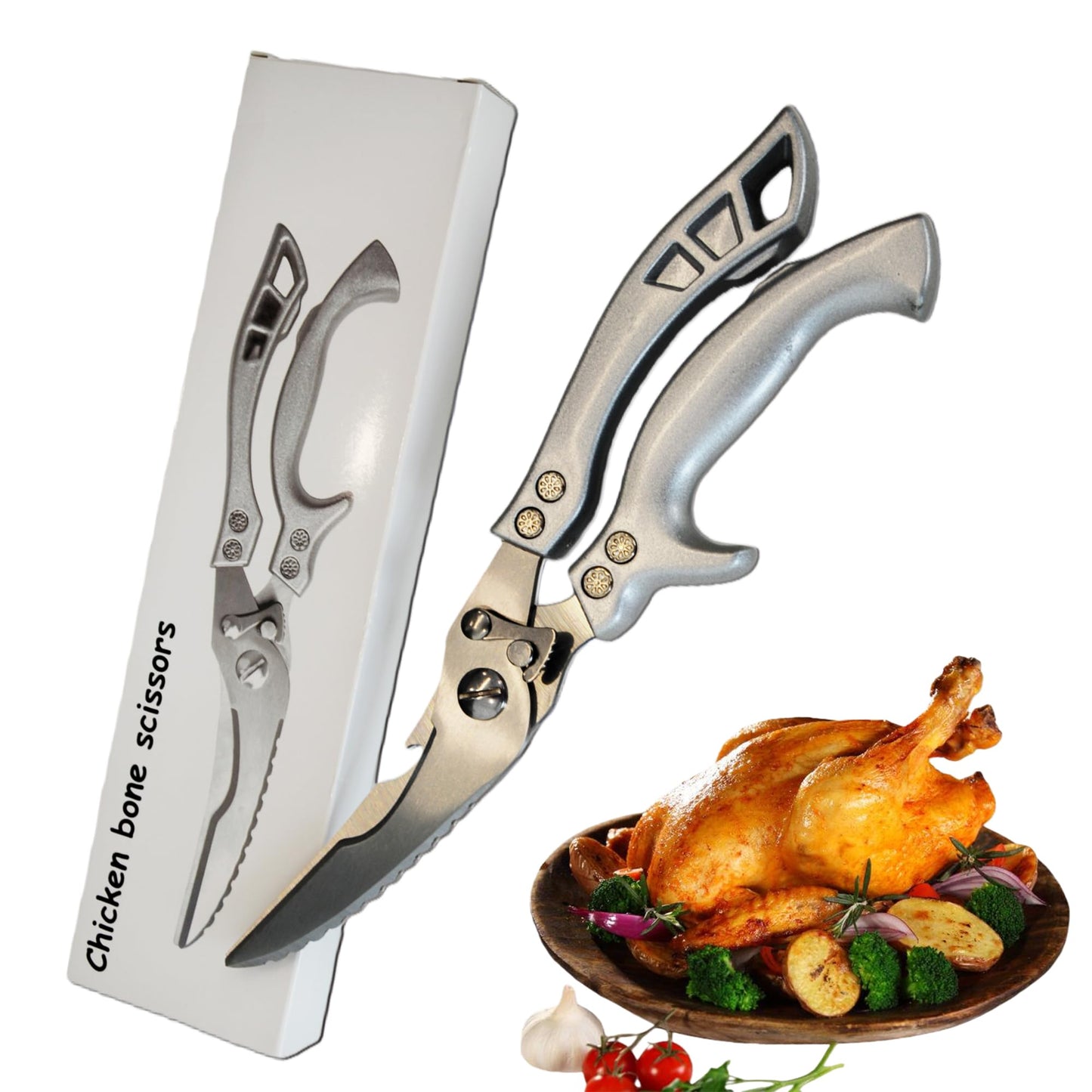 Multi-Function Kitchen Scissors, Heavy Duty Stainless Steel, 10.2 Inch, with Bottle Opener, Fish Scaler, Bone Breaker (Silver)