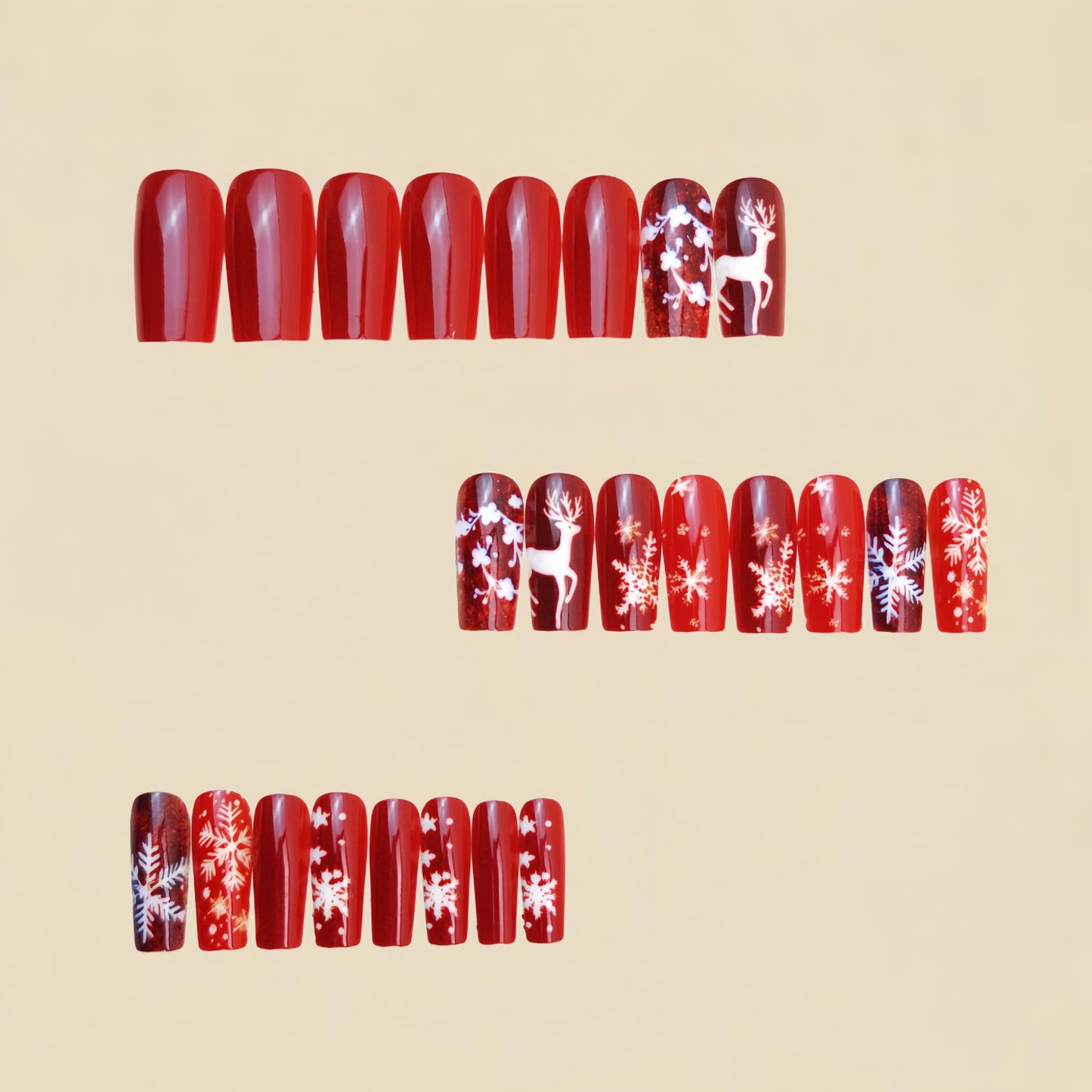 Christmas Deer Red Press on Nails Medium Square Fake Nails with Snowflake Designs Full Cover Winter Nails Press ons Xmas Reusable Acrylic False Nails for Women 24Pcs