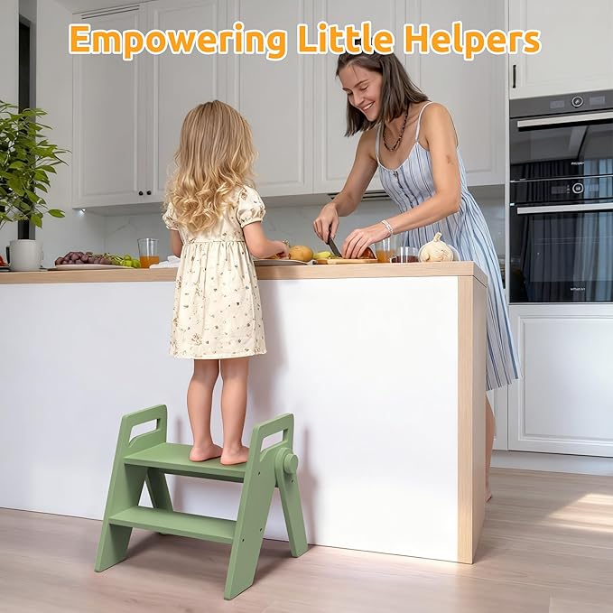 Wooden 2 Step Stool for Kids Bathroom Foldable 2-Step for Toilet Potty Training, Child Stepping Stool for Kitchen Nursery Bedroom Green