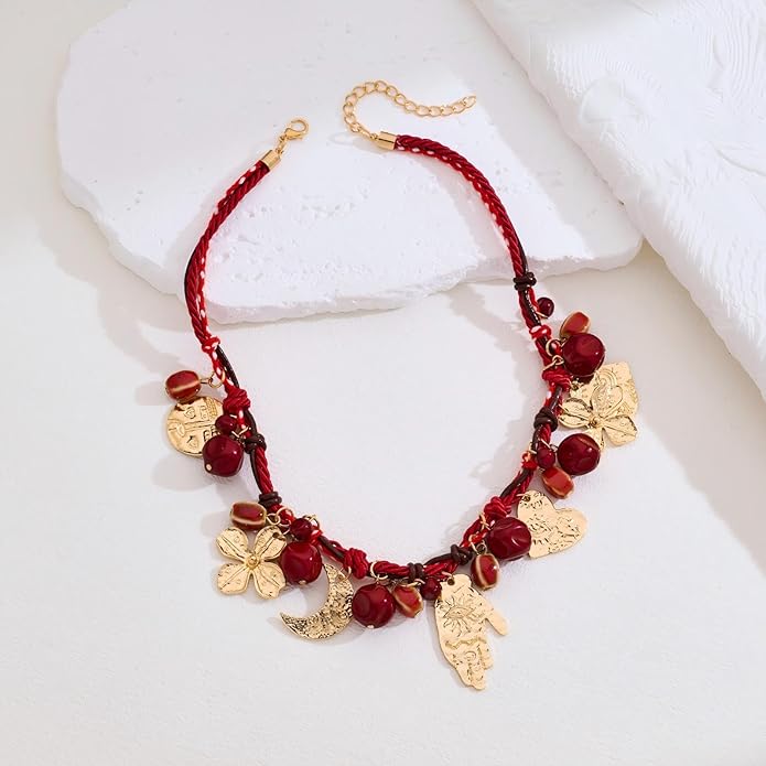 Bohemian Evil Eye Necklace for Women, Gold Plated Moon and Heart Pendant with Red Beaded Chain, Unique Charm Jewelry Gift(N9)