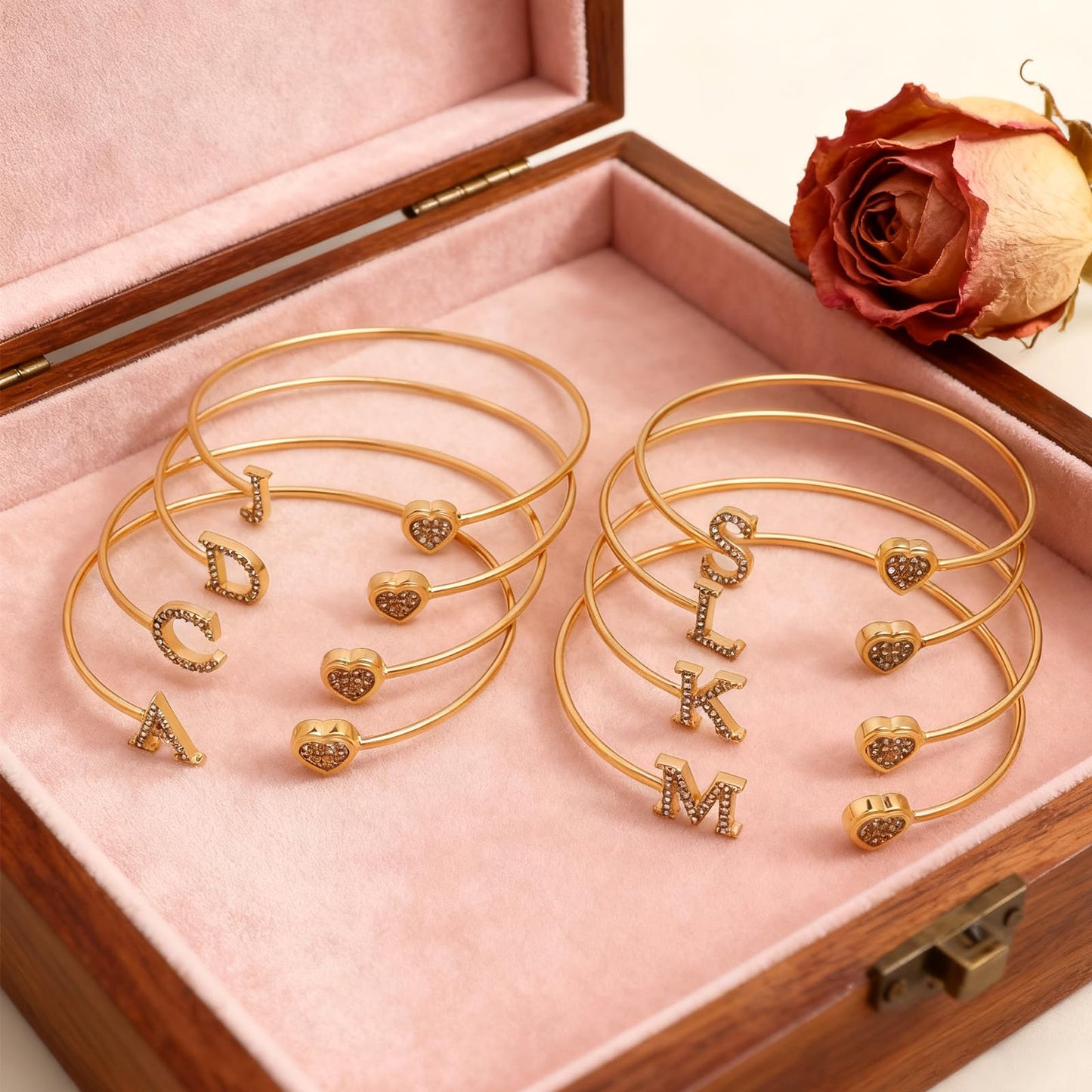 BXDA Trendy Gold Plated Heart Initial C Cuff Bangle Bracelet for Women, Handmade Statement Cubic Zirconia Stackable Open Letter Bracelets Fashion Jewelry Accessories Gift