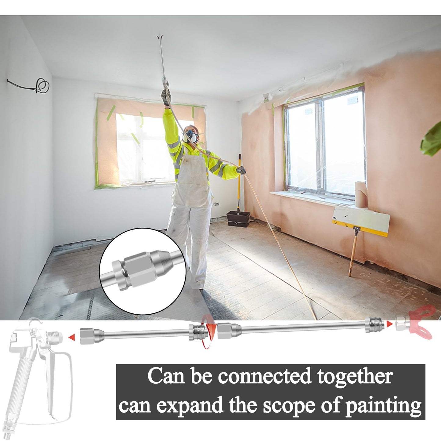 5 Pack Airless Paint Sprayer Tip Extension Pole Multi-Sizes Extension Rod,Airless Painting Spray Gun Tip Extension Pole Rod with Red Guard (7.8in+11.81in+19.09in+29.13in+38.77in)