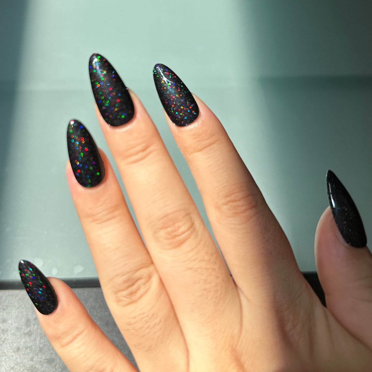 Glitter Black Press on Nails,By Artificial Apply UV Top Coat, Almond Shape Galaxy Fake Nails Stick Glue on Nails Set Reusable Complete Set of 24pcs