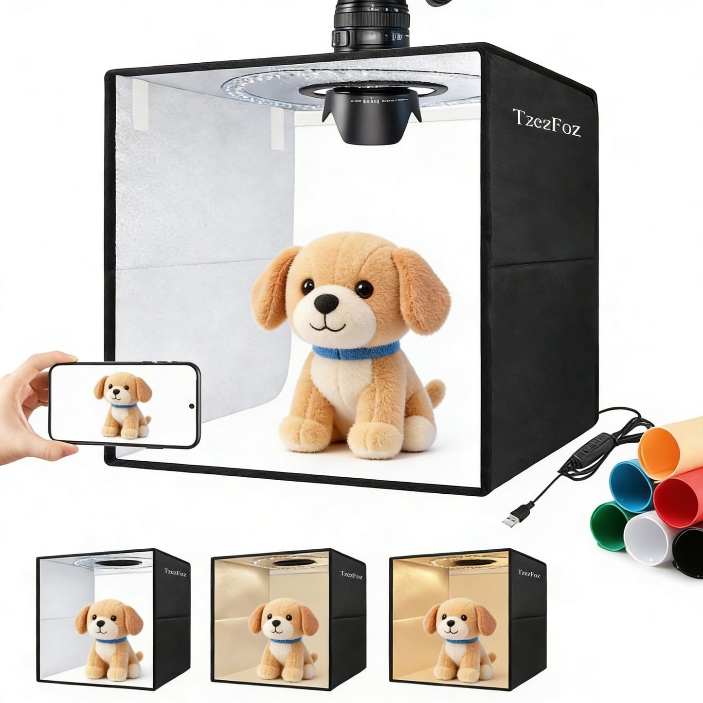 TzezFoz 12x12inch Portable Photo Studio Light Box,Folding Ring Light Box with 3 Modes & 6 Backdrops, Photography Light Tent USB Powered Lighting Tent for Jewelry/Accessories