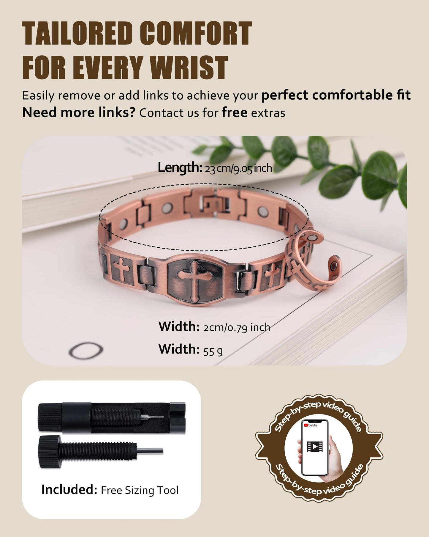 Jecanori Pure Copper Bracelet for Men, Ultra Strength Magnetic Cross Bracelets for Men, Mens Copper Cross Bracelet, Jewelry Gift with Sizing Tool