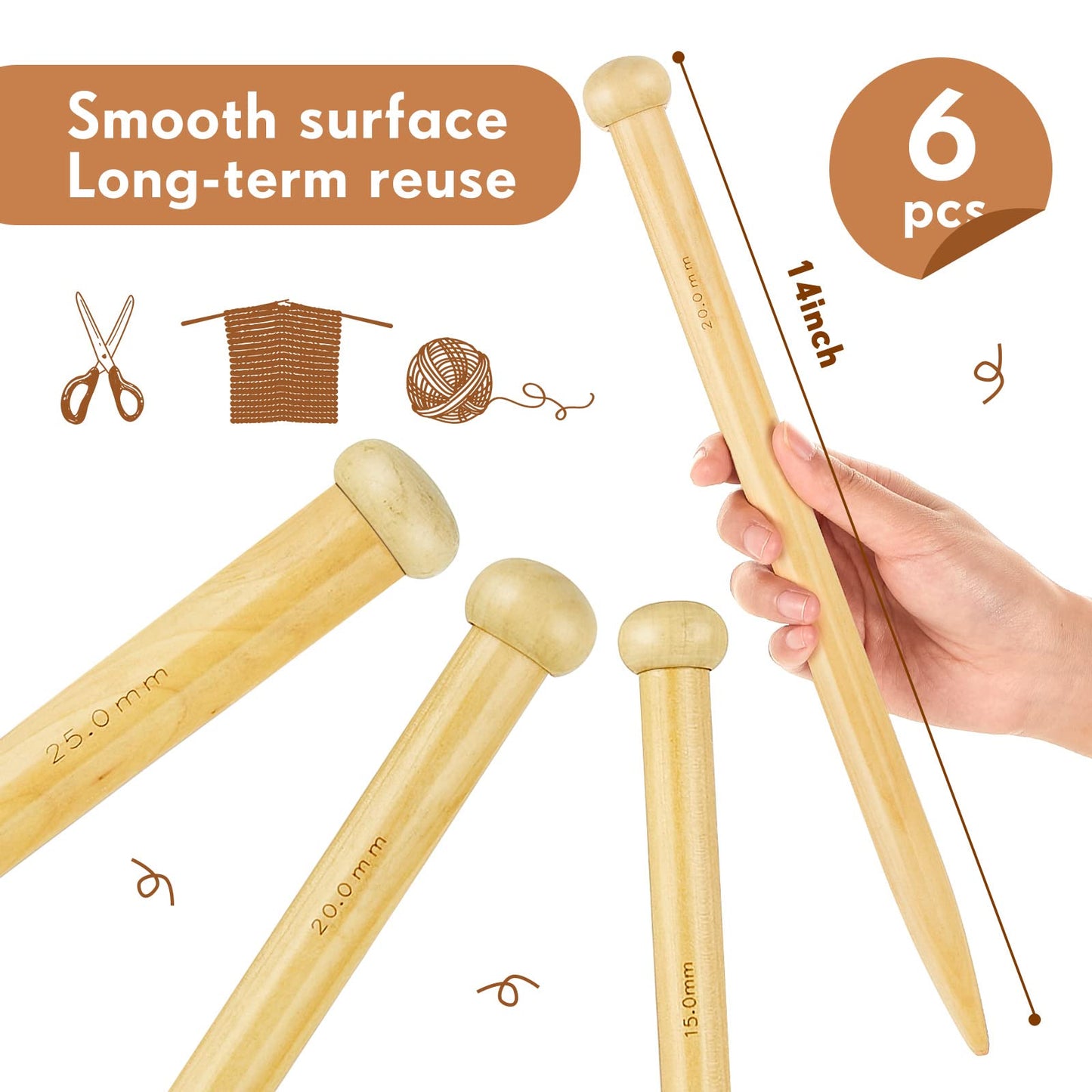 MTLEE 6 Pcs Large Knitting Needles Jumbo Straight Wooden Knitting Needles 3 Sizes Extra Large Weaving Tool for Chunky Yarn Beginner DIY Fabric Crafts Crochet 15mm 20mm 25mm (Natural)