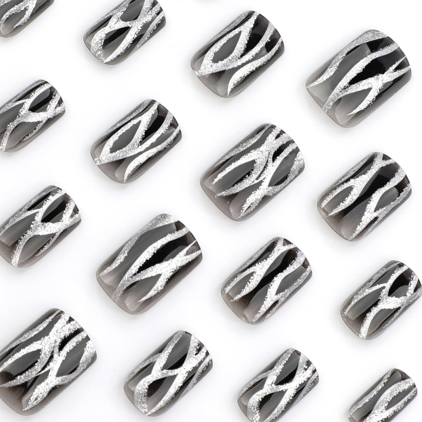 24Pcs Silver Fire Press on Nails Curve Line Acrylic Fake Nails Silver Glitter Stick on Nails Glossy Black Gradient Short Square False Nails Black Ombre Gel Glue on Nails for Coquette Women Girls