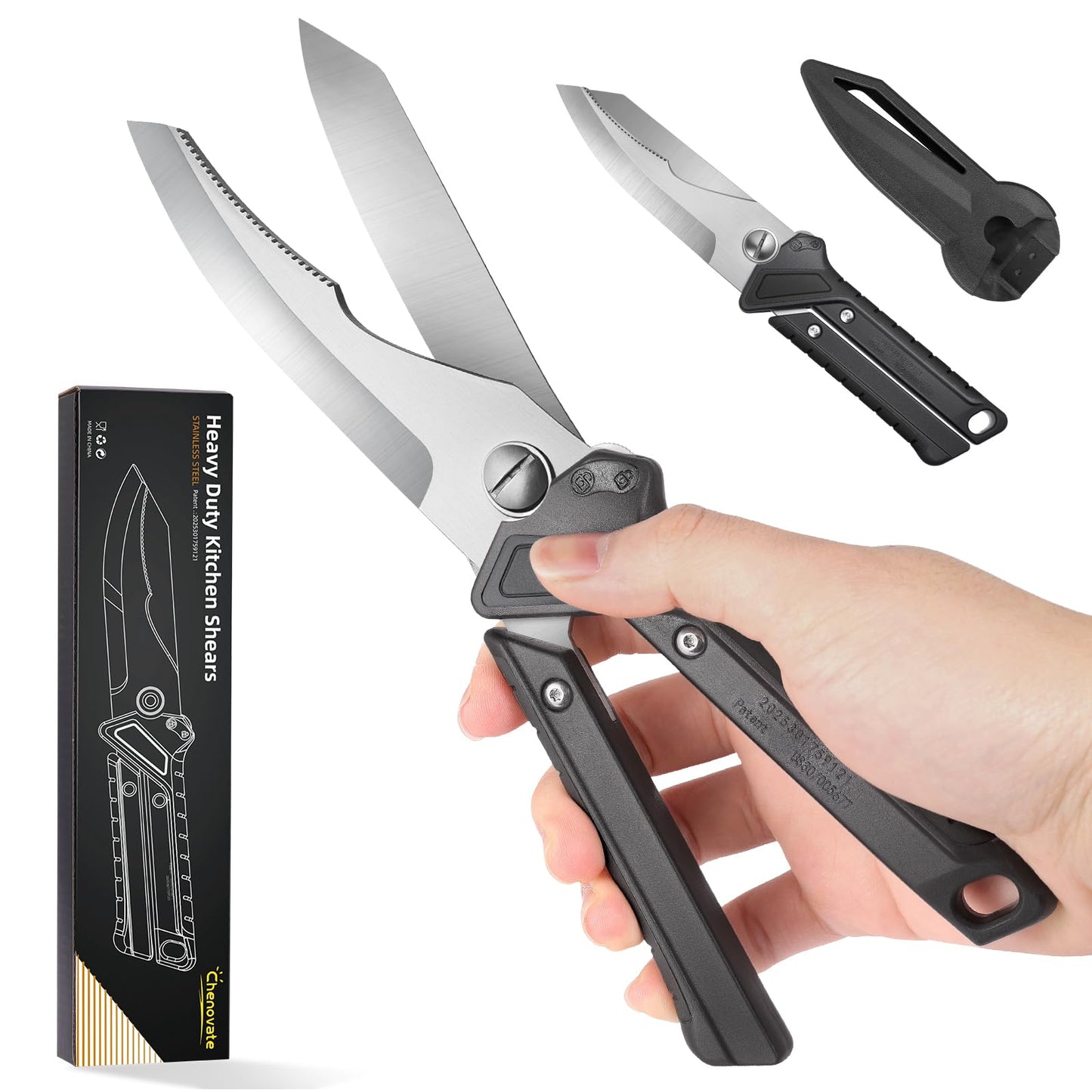 Chenovate® Heavy Duty Kitchen Scissors,Kitchen Shears with Knife & Scissor Switch Lock,Food Scissors Fit for Poultry Bones,Turkey,Meat Cutting,Veggies,Fish,Pizza(black)