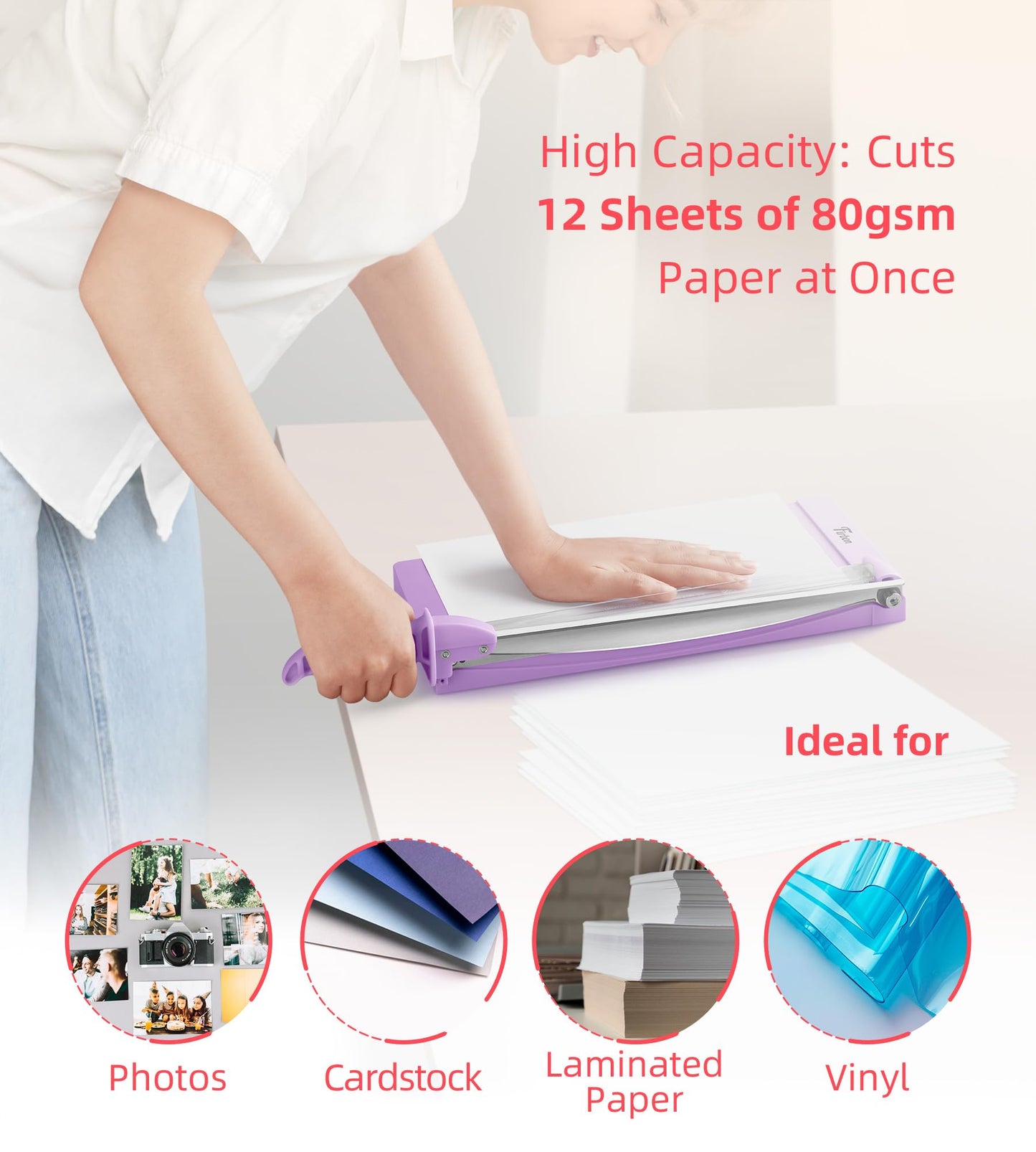 Firbon 12" Guillotine Paper Cutter with Hidden Ruler, Compact Heavy Duty 12-Sheet Capacity Trimmer for Cardstock, Photos, Scrapbooking, Office, Classroom, Studio (Purple)