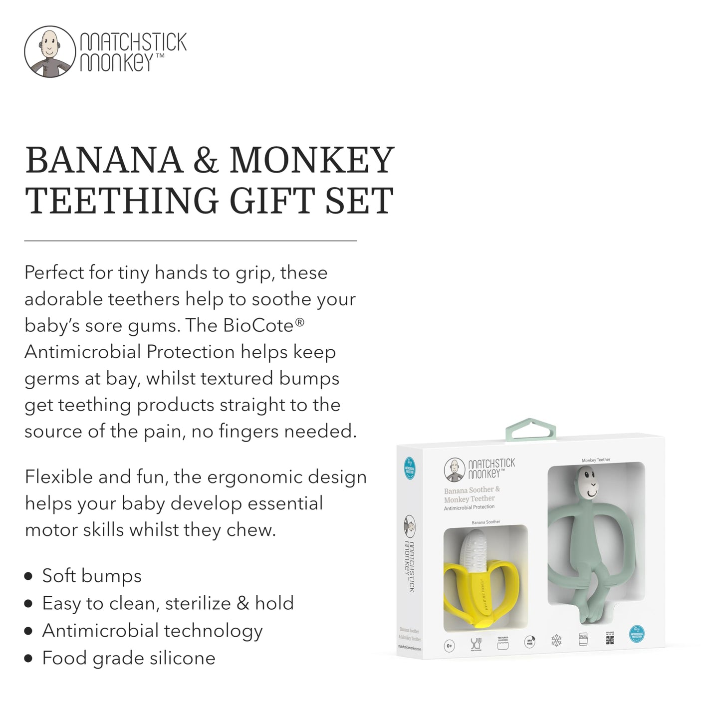 Matchstick Monkey Teething Gift Set for Babies – Includes Banana Soother & Monkey Teether, Easy-to-Grip BPA-Free Silicone for Teething Relief & Oral Development, 3 Months+, Mint Green