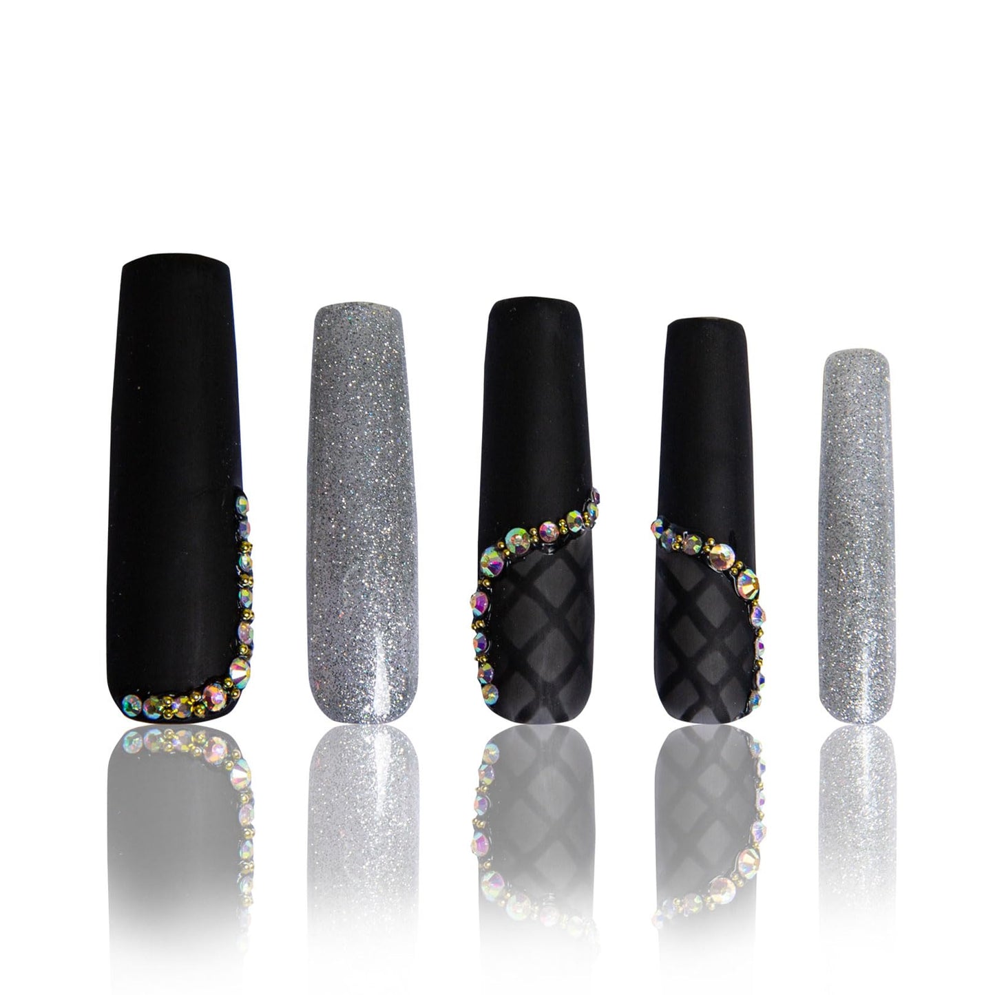 LOVFUL Press on Nails Black Lace| Handmade with Full Covered Crystals| Reusable Fake Nails| Square Mid length 1.7in| H114-S