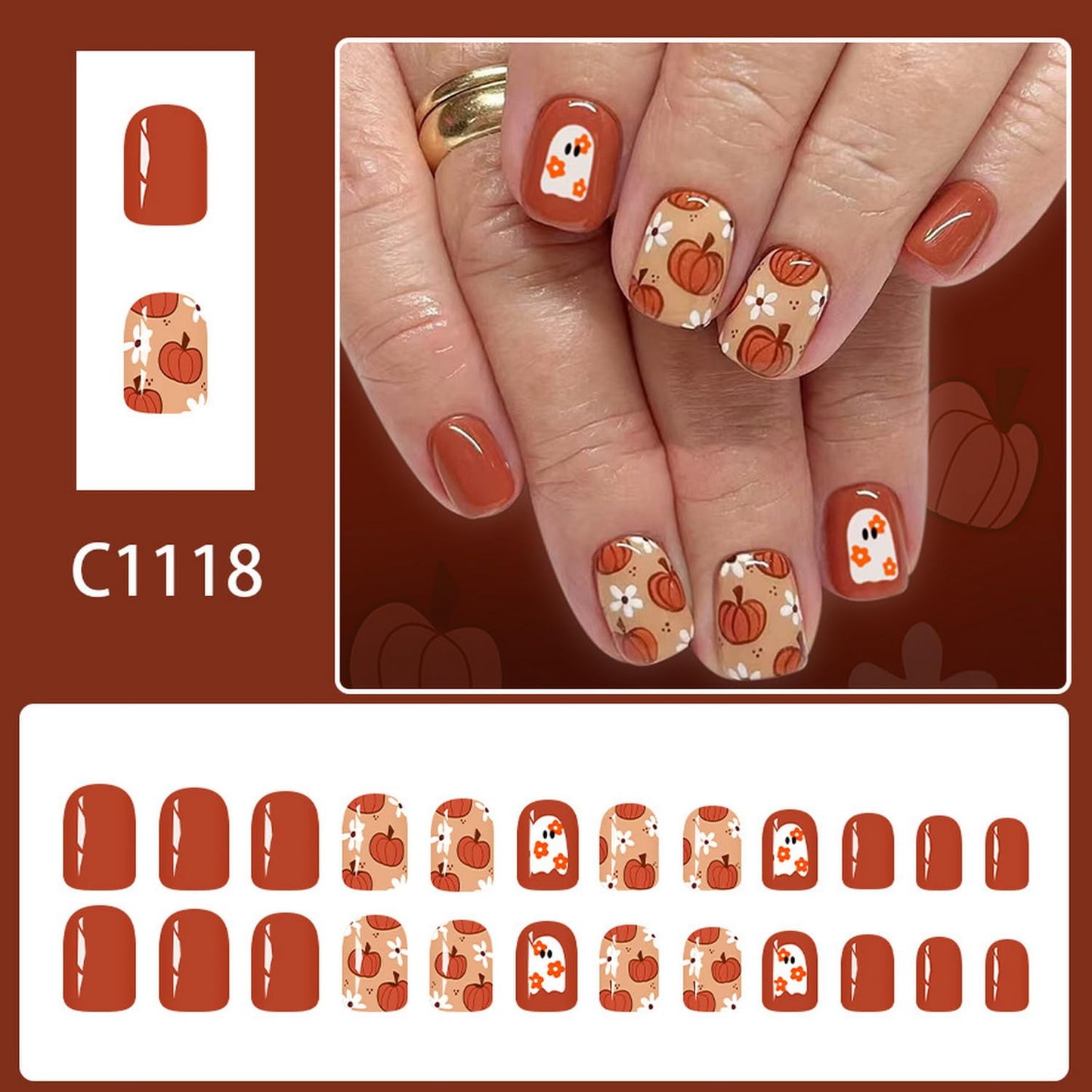 Short Halloween Press on Nails Square Fake Nails with Pumpkin Flower Ghost designs Stick on Nails Glossy Full Cover Fall False Nails Orange Glue on Nails for Women Cute Nail Decorations24pcs