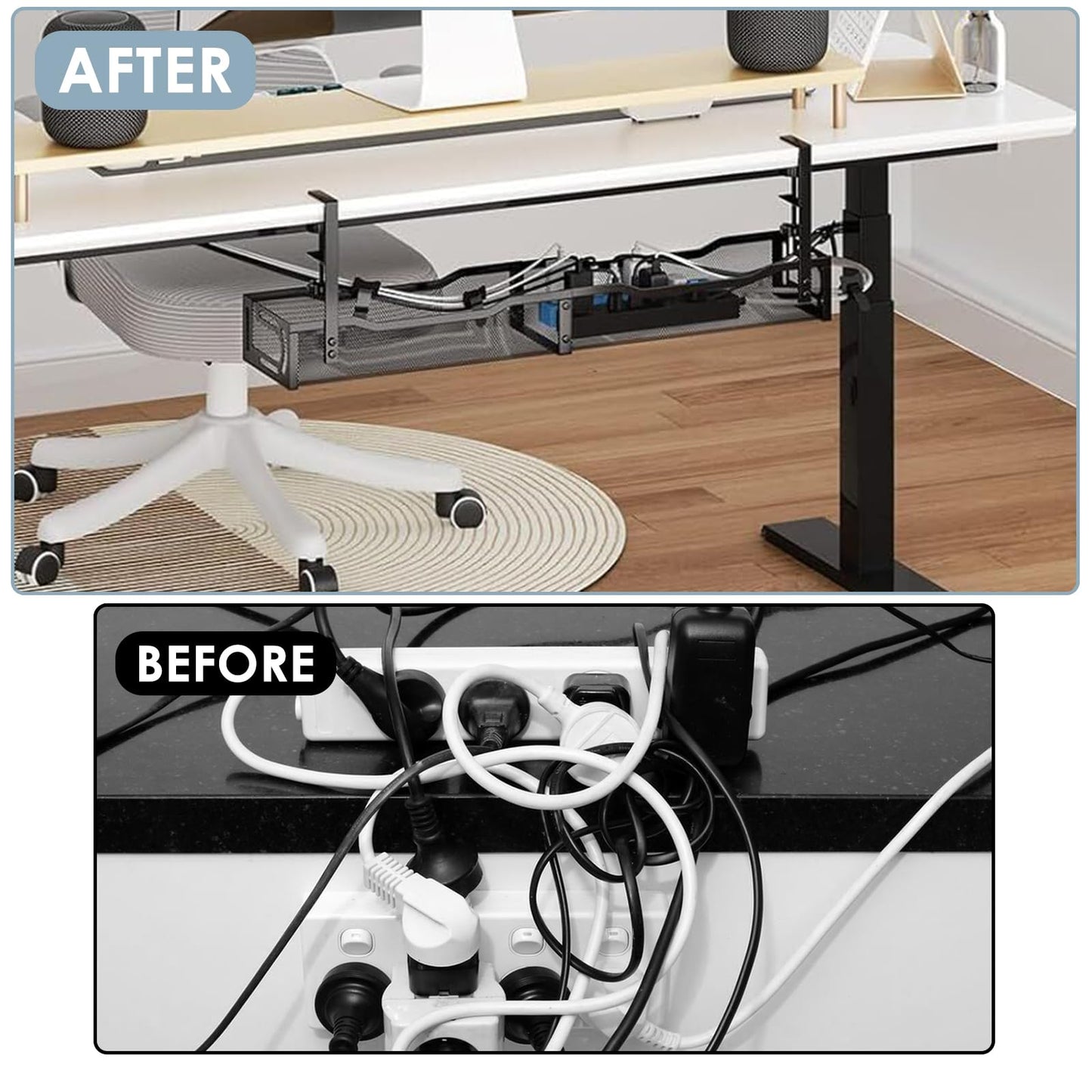 Mzmaxy Cable Management, 25'' Cable Management Under Desk No Drill, Metal Cord Organizer with Clamp for Standing Desk, Cable Organizer for Home Office, Black
