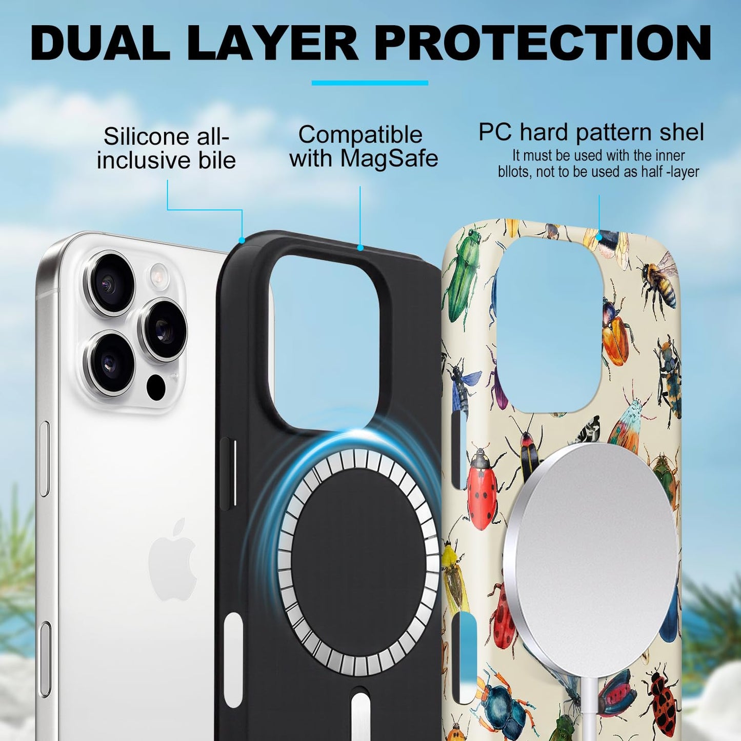 flewfun Magnetic for iPhone 15 Case Cute Beetle Phone Case, Entomology Insect Art Shockproof Slim TPU and Hard PC Protective Phone Cover Compatible with MagSafe Gift for Entomology Lover