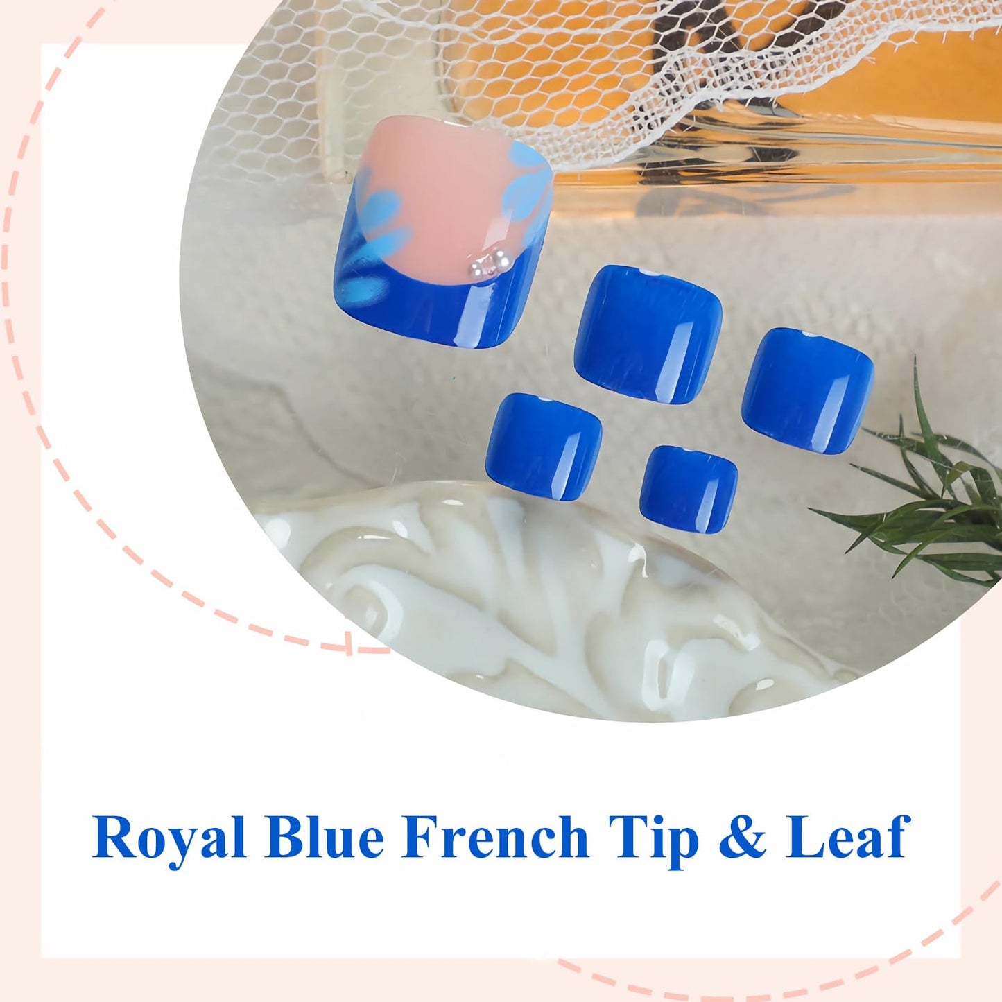 MISUD Press on Toenails - Fake Toe Nails with Royal Blue, Acrylic Toenail Flower Design 24 pcs
