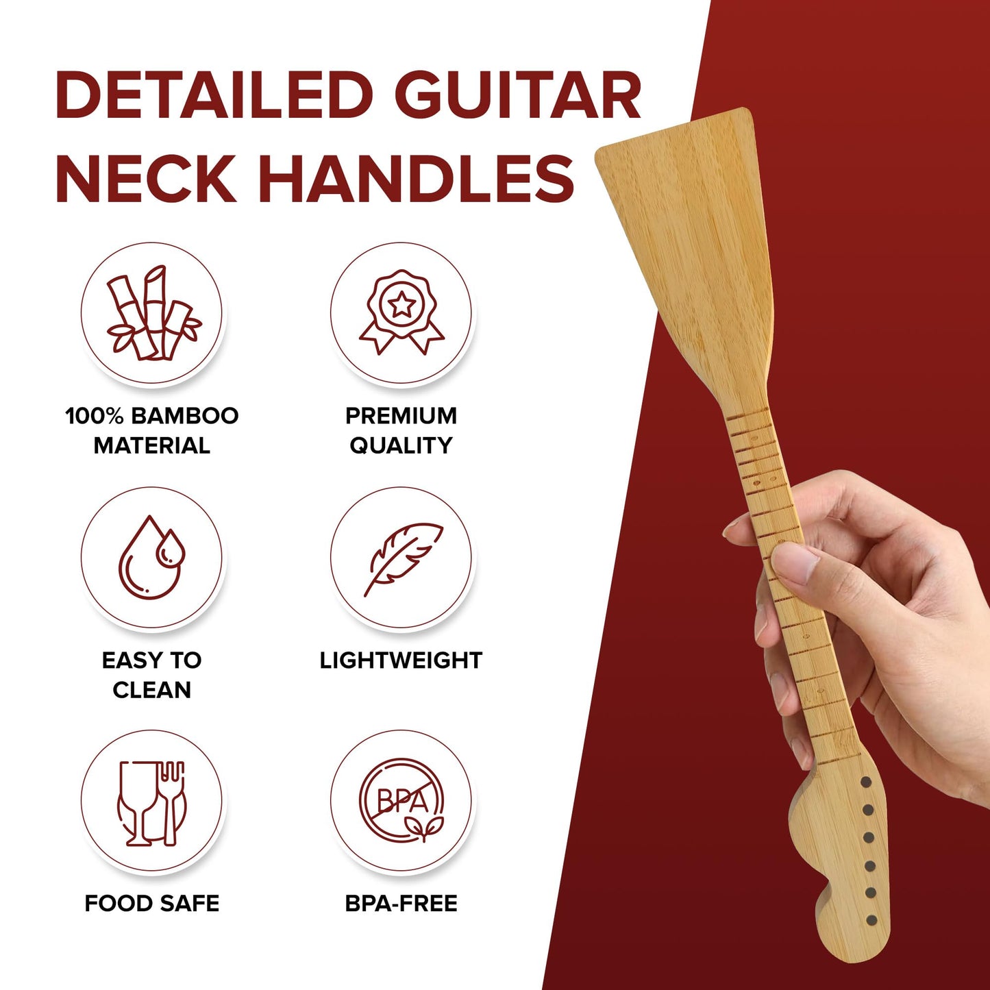 Rise8 Studios Guitar Bamboo Cooking Utensils Set (4-Piece) | Wooden Spoons and Spatulas | Fun Music Themed Kitchen Gadgets & Accessories | Unique Gift for Musicians, Guitar Players