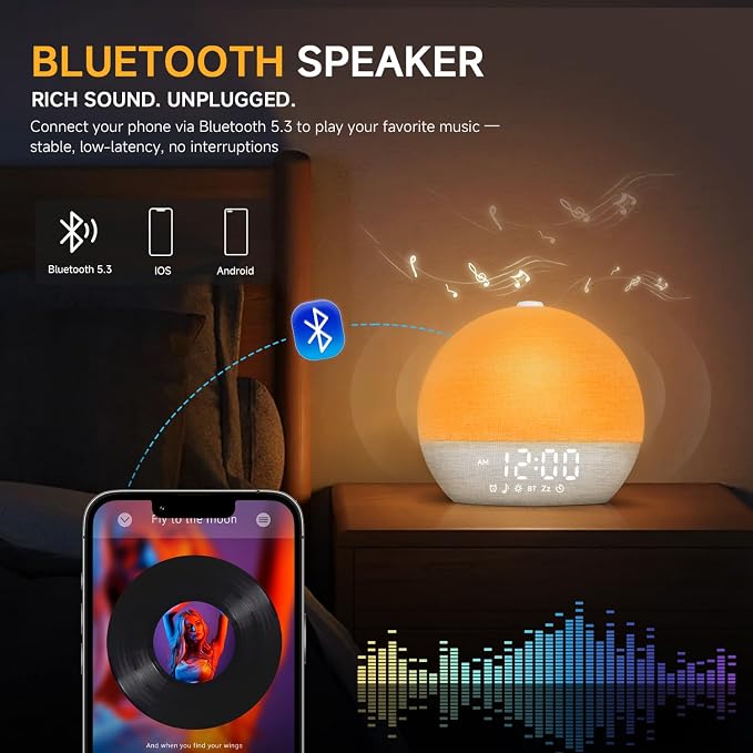 Geuuap Sunrise Alarm Clock White Noise Machine with Bluetooth Speaker,White | 30 Soothing Sounds, 17 Dimmable lights, Simulated Sunrise, Backup Battery Memory, Auto-off Sleep Timer, Screen-Free Design