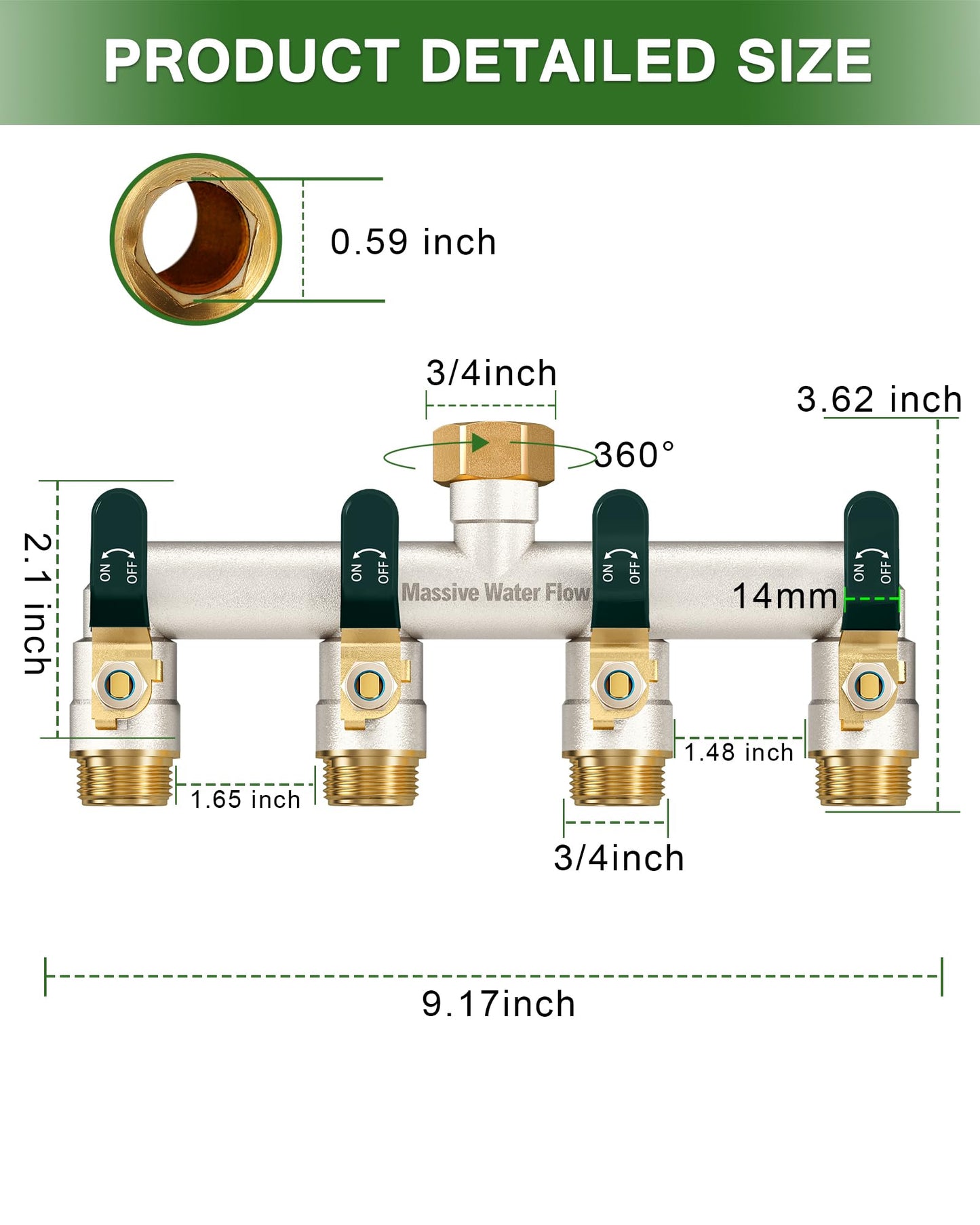 4 Way Hose Splitter, Heavy Duty Full Flow Garden Hose Splitter with 4 Large Metal Handles, Brass Water Hose Bib Splitter, T Adapter Connector with 3/4 - Inch GHT Thread (Green)