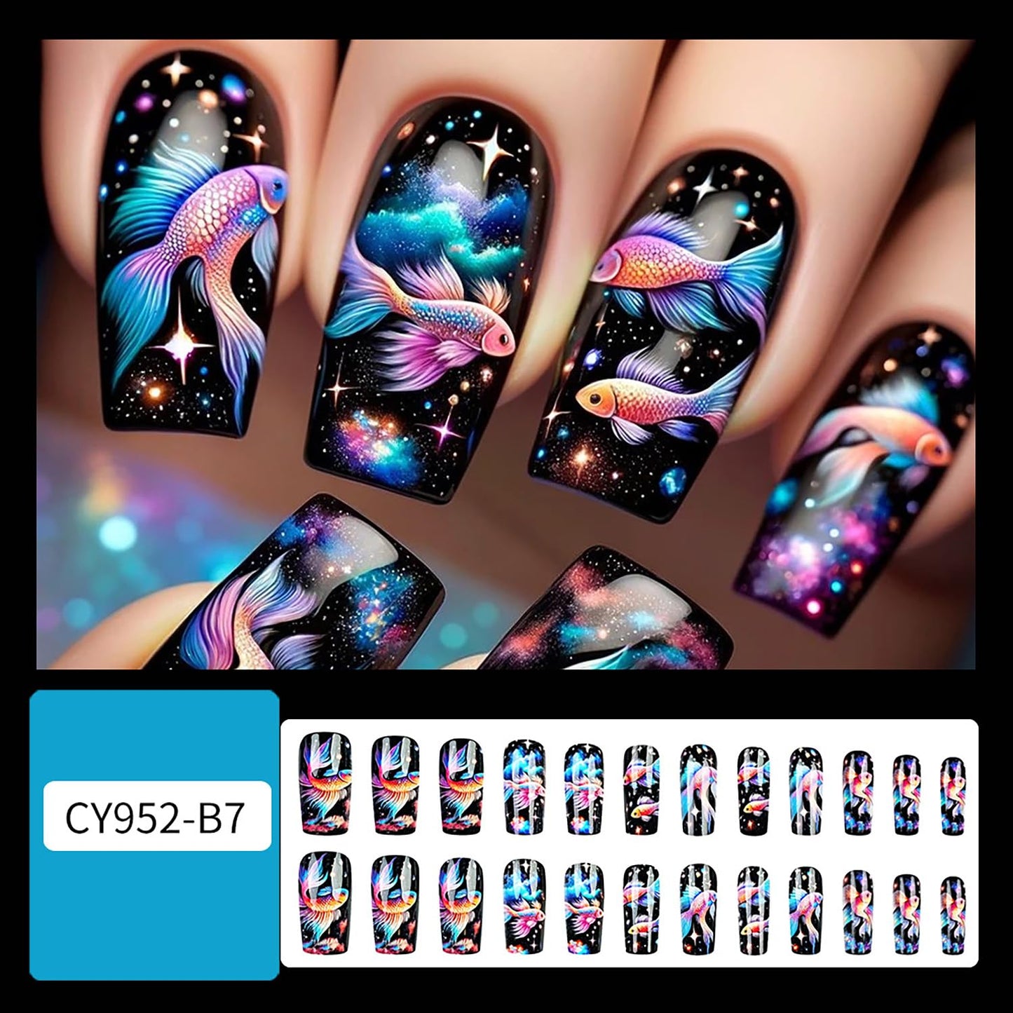 Mermaid False Nails Press on Nails Medium Square Naills Gradient Fish and Starry Sky Design Artificial Coffin Nails Stars Fake Nails Full Cover Stick on Nails Glossy Glue on Nails for Women 24Pcs