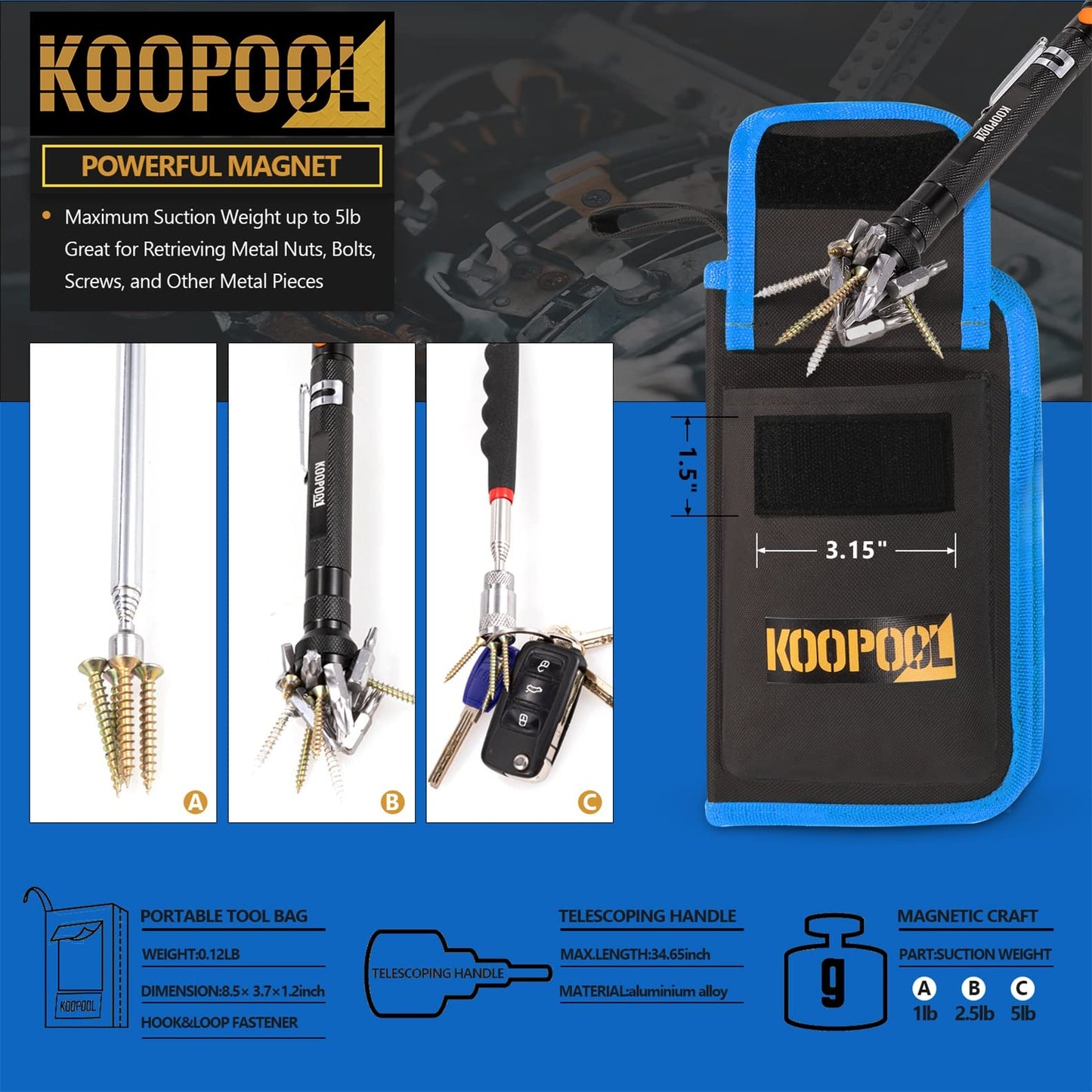 Telescoping Magnetic Pickup Tool Set, Inspection Mirror Telescoping, LED Flashlight, Cool Gadgets for Men, Stocking Stuffers, Gifts for Dad, Husband, Kids, Boyfriend, Magnet Stick (Blue)