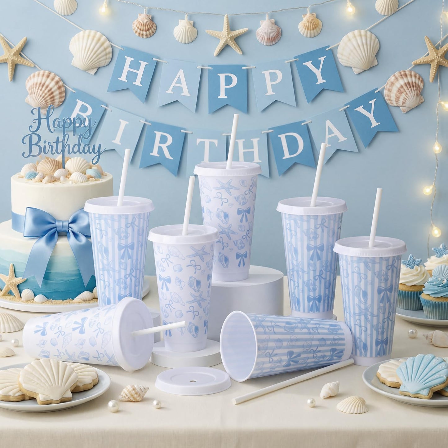 Pickmesh 12 Pcs 24 oz Coastal Blue Bow Plastic Cups with Lids and Straws Bulk Coastal Ocean Party Decoration Supply Blue Shell Reusable Tumbler for Birthday Wedding Baby Shower Party