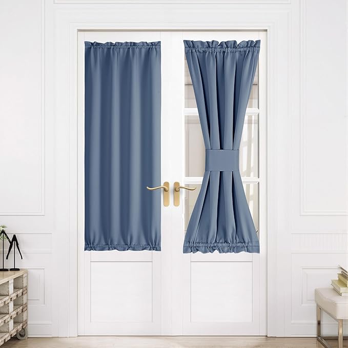 NICETOWN Blackout French Door Curtains, Privacy Door Curtains for Window, 30 X 64 Inch Room Darkening Blinds, Thermal Insulated Window Shades for Bedroom, 1 Panel, Stone Blue