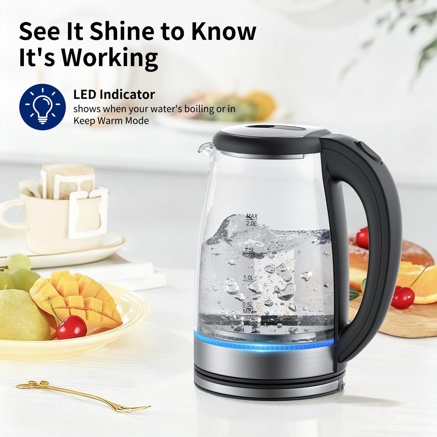 Electric Kettle Glass 2L, 1500W Fast Boiling Hot Water Boiler with Auto Shut-Off, LED Light, BPA-Free, Borosilicate Glass, Stainless Steel Interior, Wide Opening, Display Refrigerator with Door 04