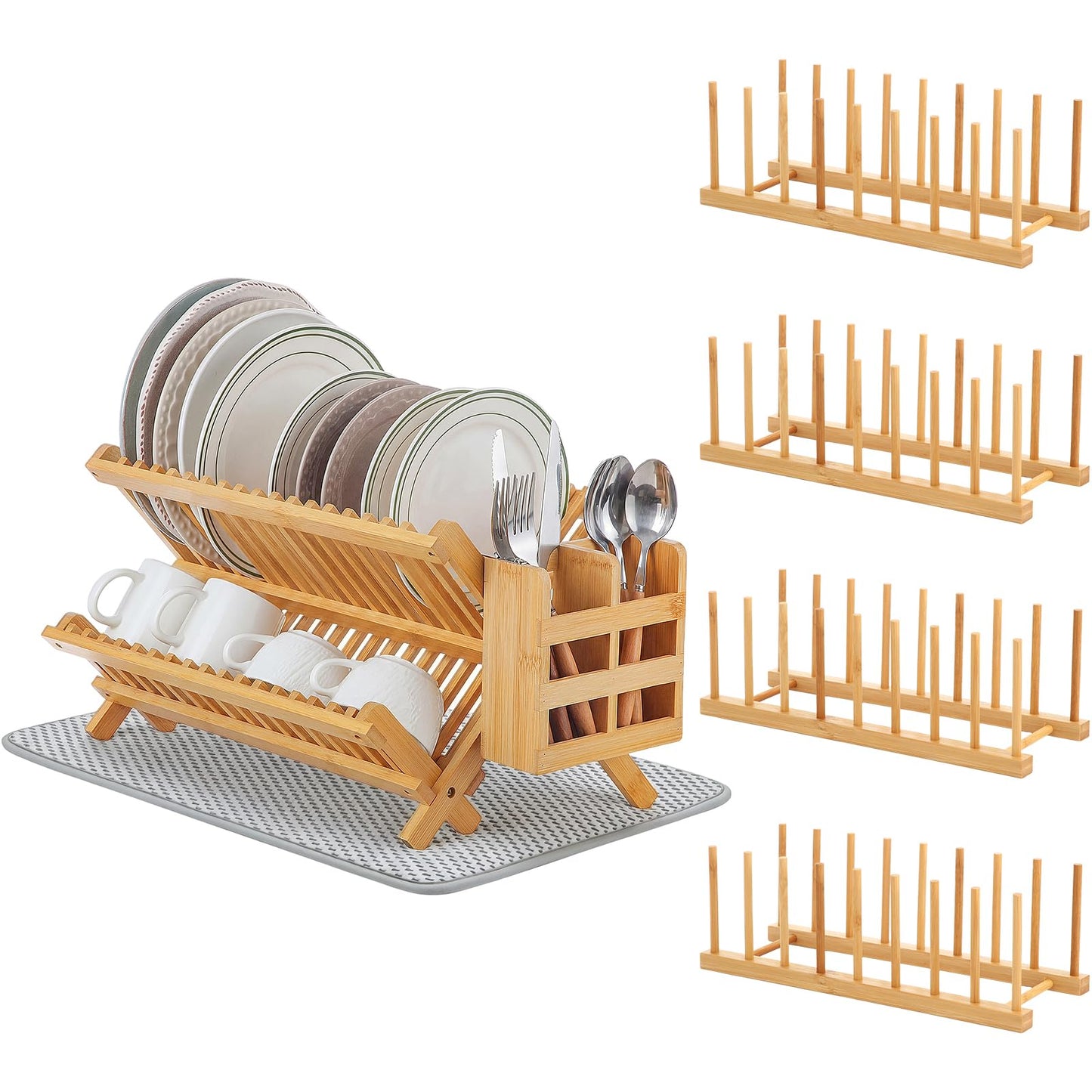 Chicmount 6 Pcs Dish Drying Rack Set 2 Tier Bamboo Collapsible Dish Rack with Utensil Holder Plate Holder and Mat for Kitchen Organizer, Cabinet Pot Lid, Bowl, Cup, Chopsticks, Utensils