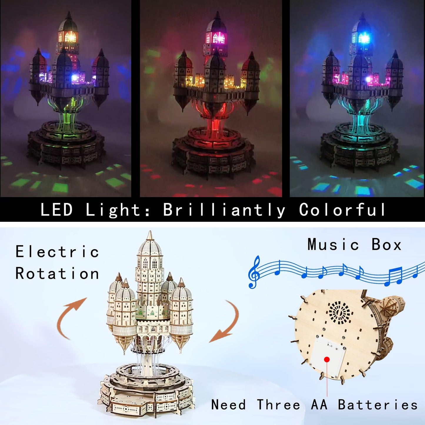 3D Wooden Puzzle for Adults Castle City in the Sky Music Box Puzzle Kit, 521 Pieces LED Light & Rotating Base DIY Mechanical Building Kit for Adults & Teens, Unique Home Decor & Creative Gift Idea