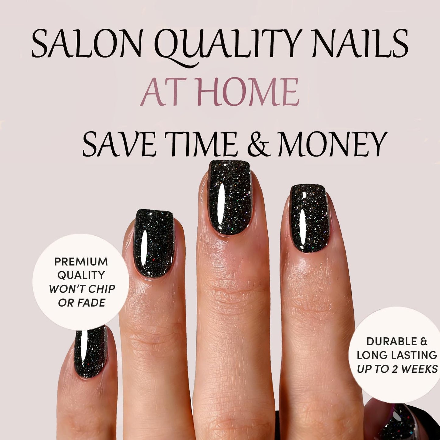 Black Press On Nails Square Glitter -Short Press On Nails with Nail Glue, Fit Perfectly & Natural Reusable Stick On Nails in 12 Sizes - 24PCS Soft Gel Glue On Nails Kit