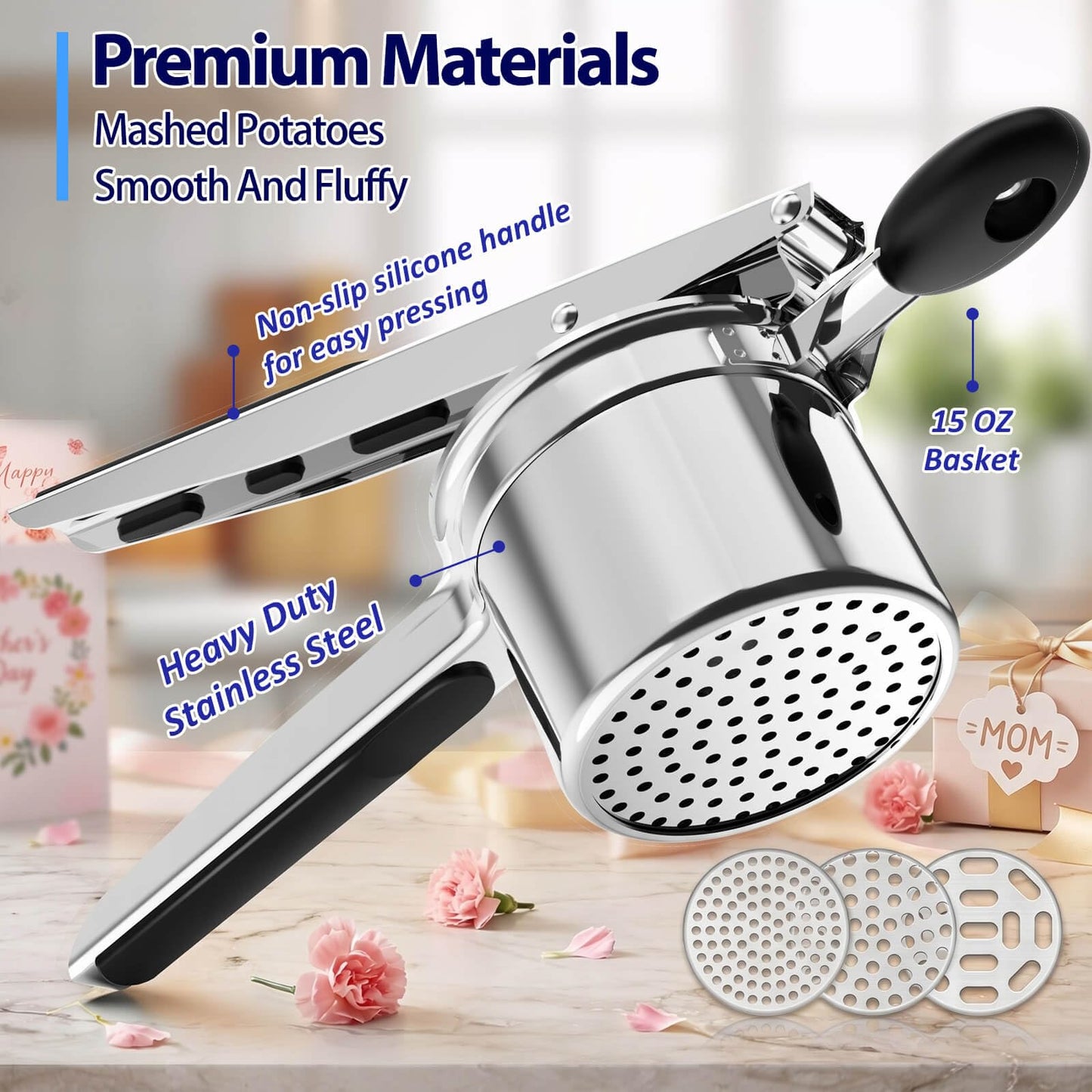 Potato Ricer, Ricer for Mashed Potatoes, 3 Interchangeable Discs Potato Masher Stainless Steel for Fluffy Mashed Potatoes, Heavy Duty Spaetzle Maker with Silicone Handle, for Gnocchi Spaghetti