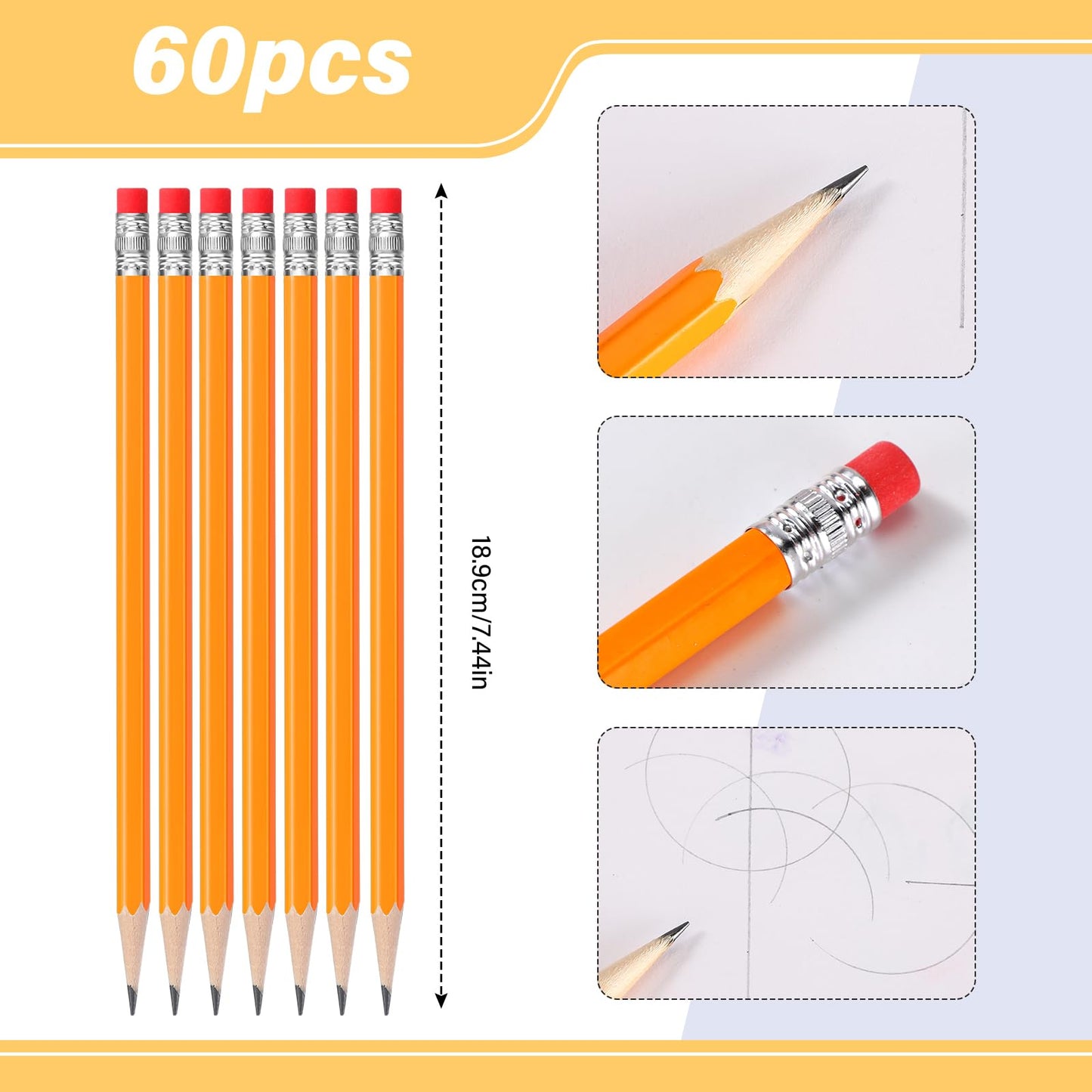 TecUnite 60 Pcs HB Pencils #2 Unsharpened Wood Cased Pencils with Eraser Hexagonal Pencil Cute Graphite No 2 Pen for Adults Gifts Exam School Office Sketching Learning(Yellow, Silver)