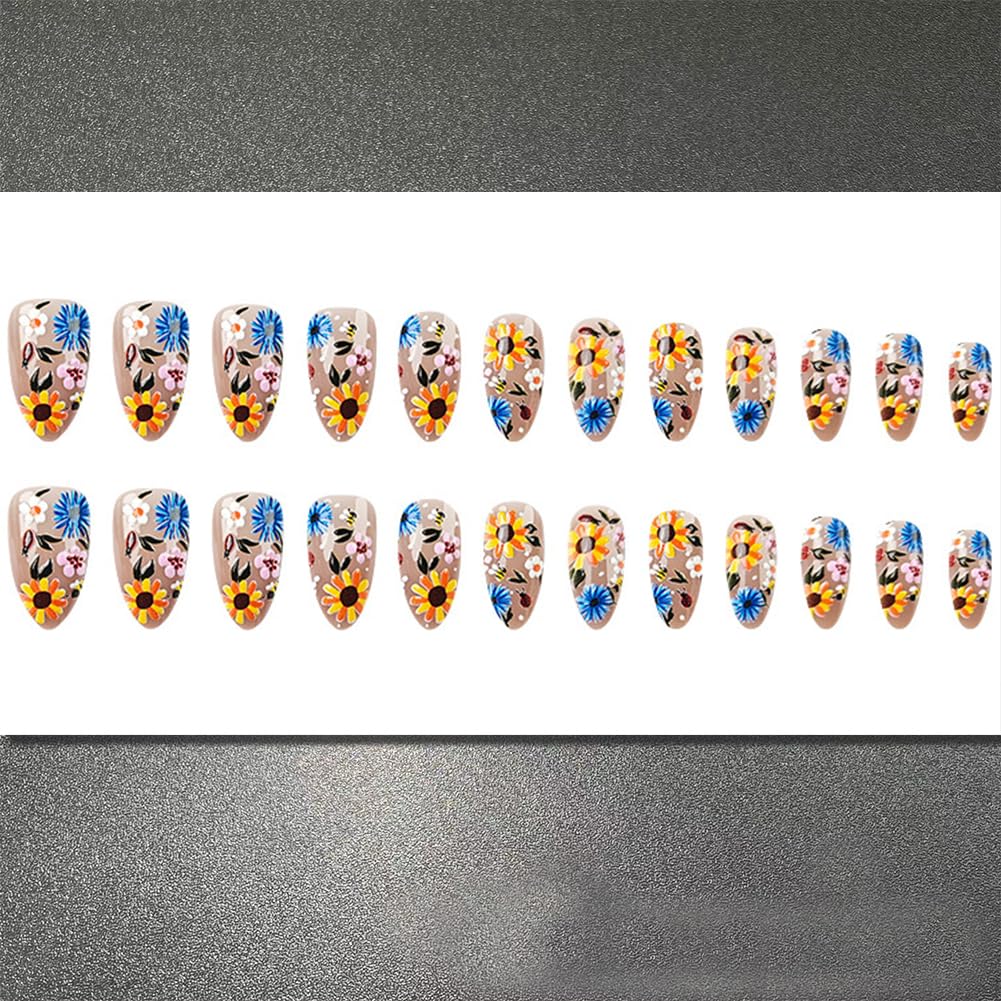 Spring Summer Press On Nails 24Pcs Medium Almond Fake Nails With Flower Daisy Designs Full Cover Glue On Acrylic False Nails Cute Floral Stick On Nails for Women and Girls