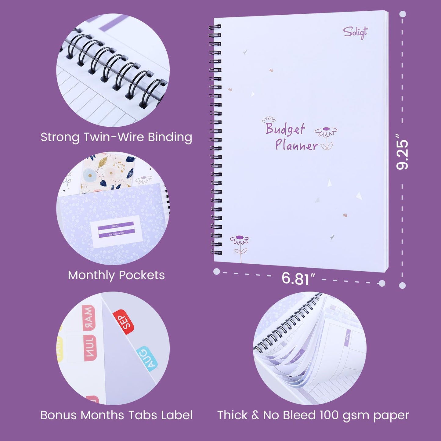 Monthly Budget Planner Book (Undated) with 12 Pockets for Income, Debt, Saving, Expense and Bill Tracker Organizer, Purple, Spiral Design