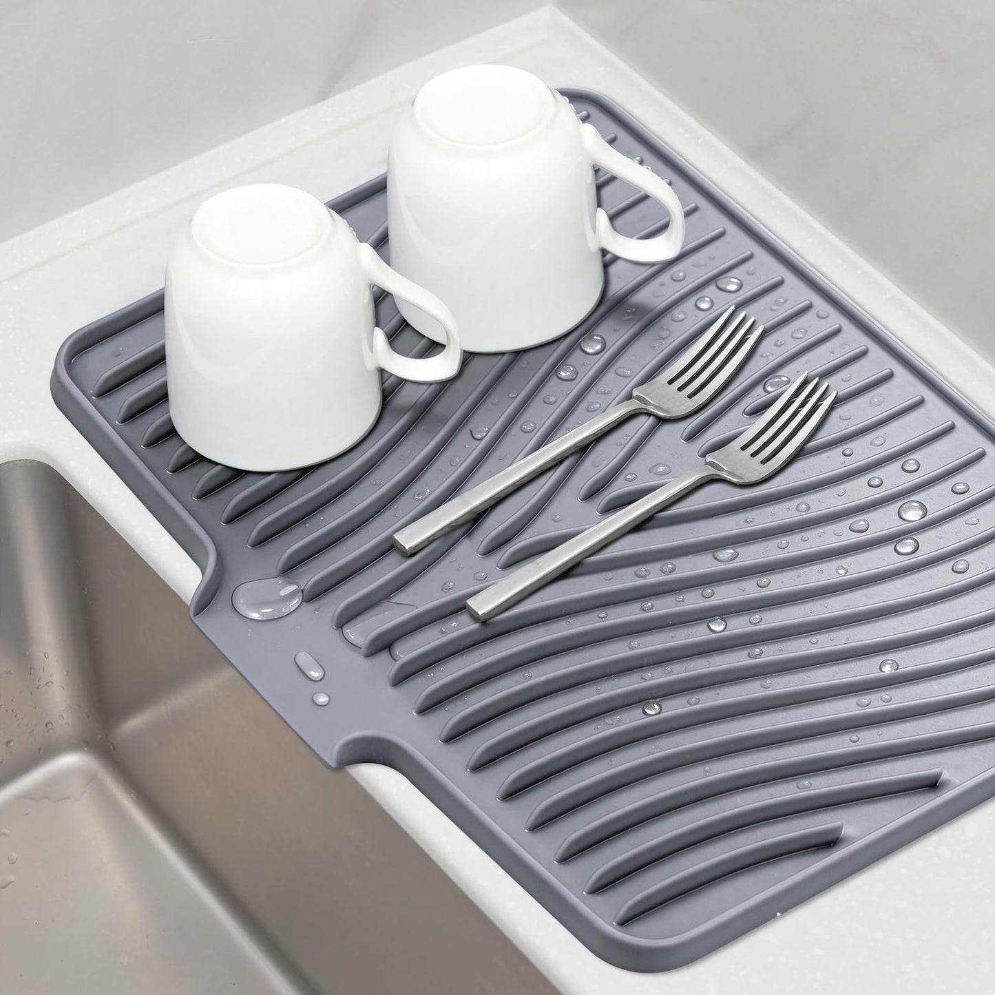 TIKNIK Silicone Dish Drying Mat, Stone Drying Mat for Kitchen Counter with Built-In Drain, Non-Slip Drain Pad with Built-in Drain, Heat Resistant Stone Drying Mat, Hangable, Grey-1pcs, 16" x 12"