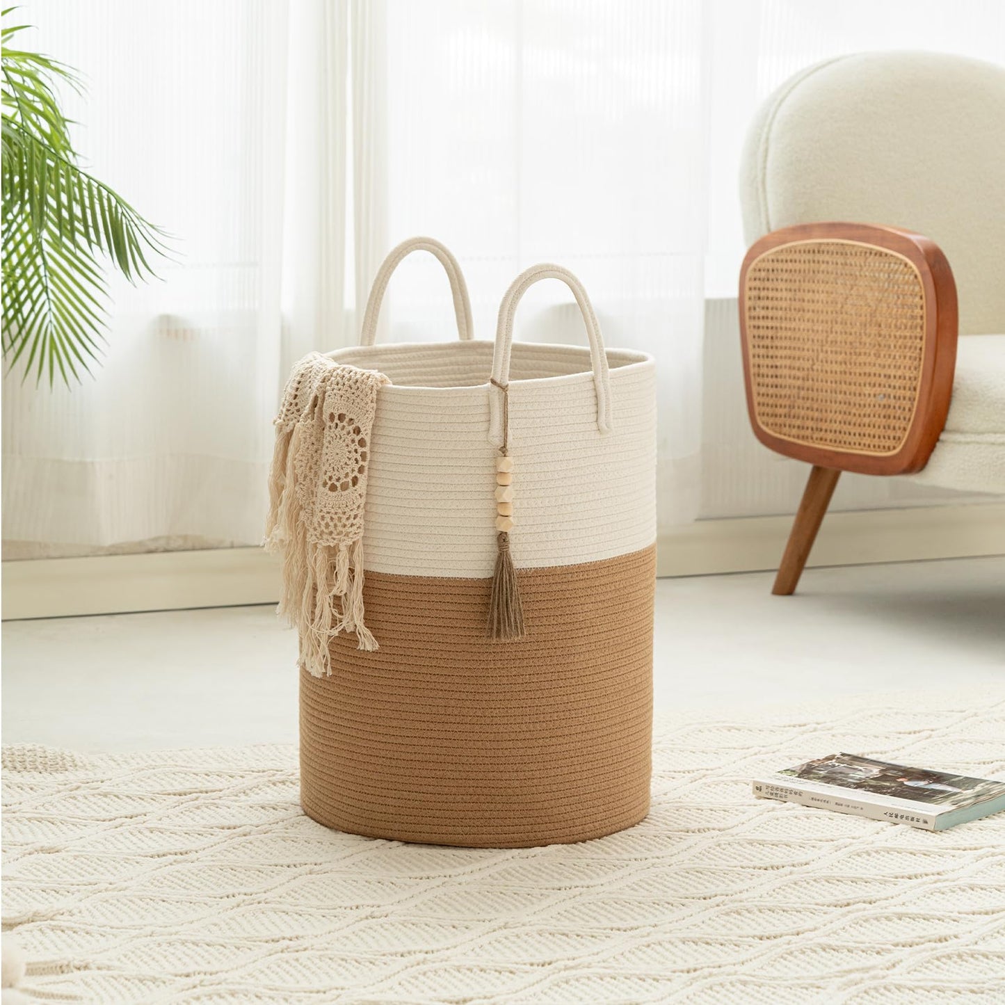 MANYOND Blanket Basket 58L, Woven Laundry Hamper Tall Laundry Basket with Boho Wooden Tassels, Large Cotton Rope Storage Basket for Blankets Pillows Toys, Living Room Nursery Bedroom Decor