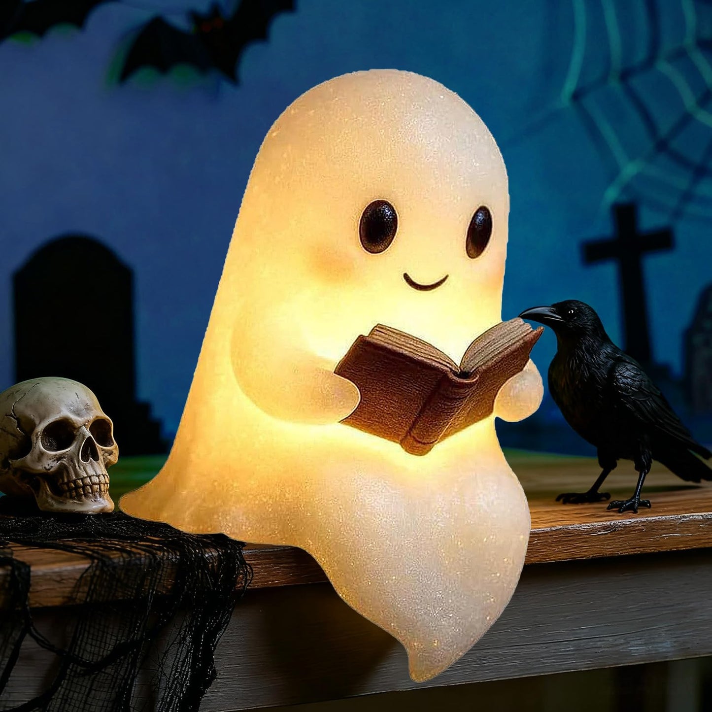 YYPLIAN 3D Resin Halloween Ghost Night Light, Ghost Warm Lighted Indoor Figurine Lamps for Bedroom Study Room Funny Christmas Indoor LED Nightlight (Cute Ghost Light, 8")