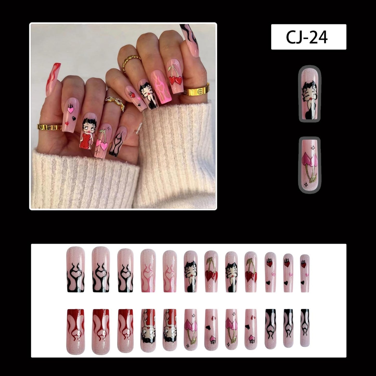 Halloween Press-On Nails Long with Cherry Flame Heart Designs - Nude Acrylic False Nails - 24pcs
