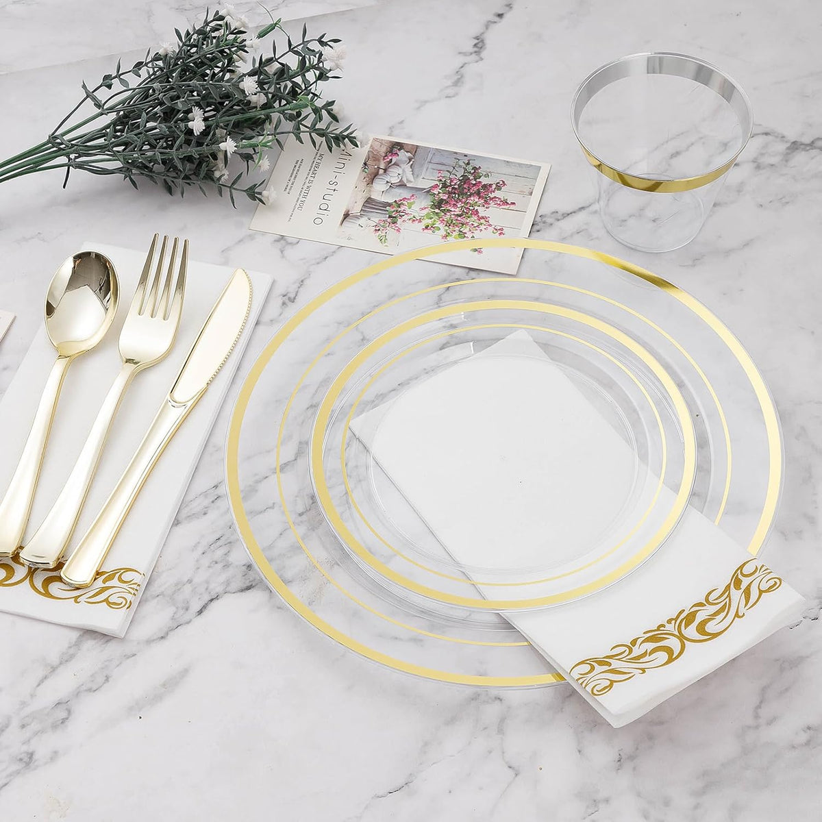 BESTVIP 175PCS Clear Gold Disposable Dinnerware Set for 25 Guests, Plastic Plates for Party, Wedding, Christmas, Halloween, Include: 50Plastic Plates, 25 Gold Silverware, 25 Cups, 25 Napkins