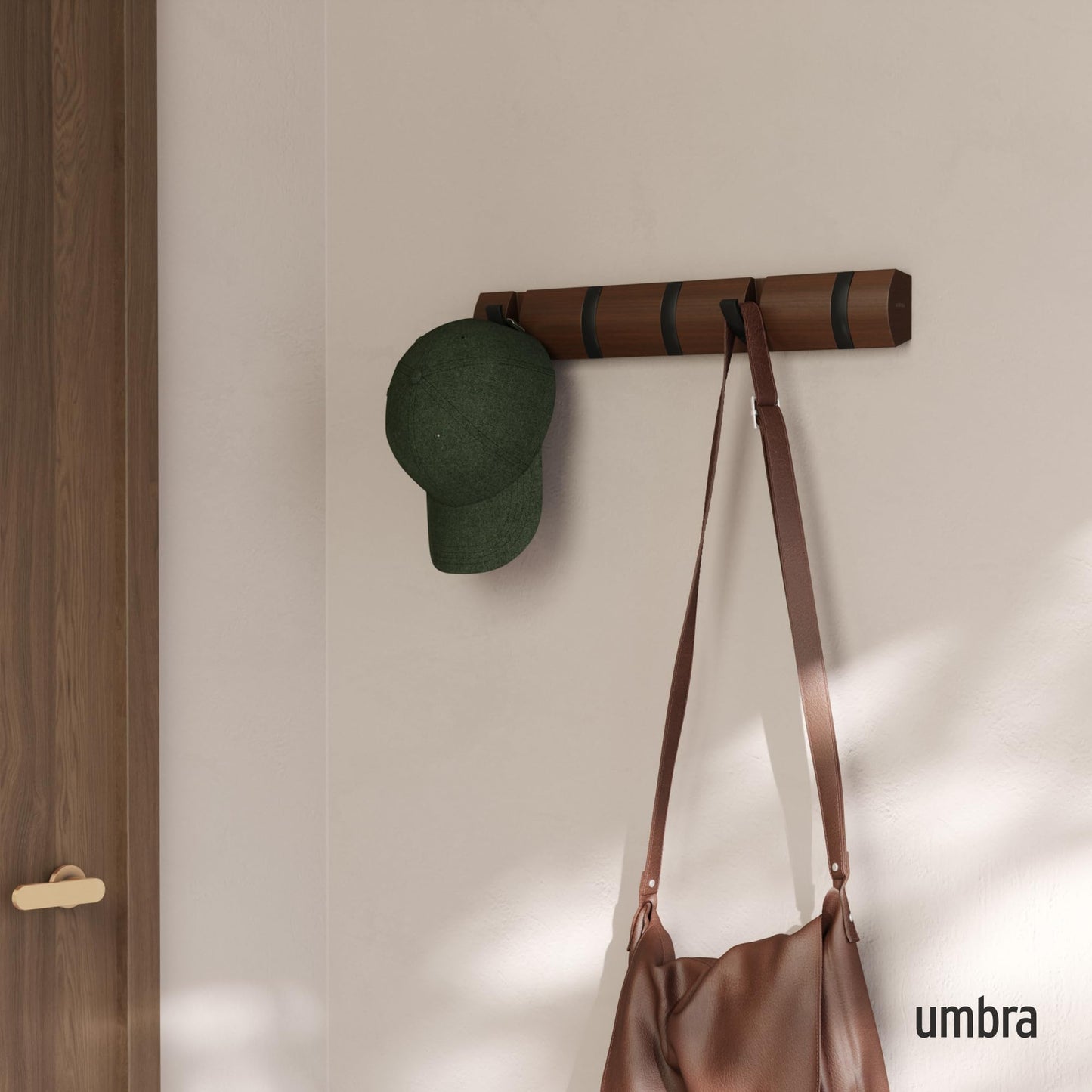 Umbra Flip Wall-Mounted Coat Rack with 5 Hooks – Modern, Space-Saving Storage for Hats, Jackets, Bags, Entryway, Mudroom, Closet, Bathroom, Bedroom – Black/Walnut