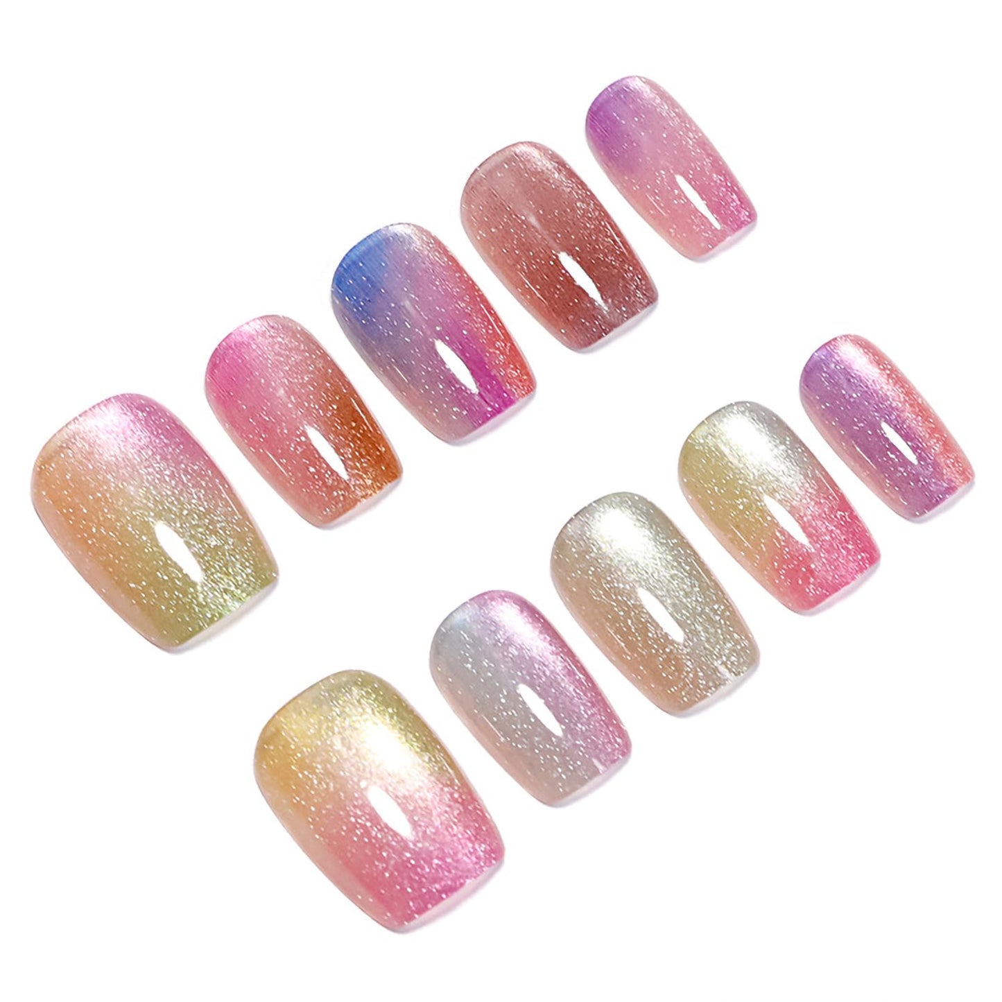 30 Pcs Cat Eye Press on Nails Short Rainbow Press on Nails Summer Nails Rainbow Nails Colorful Press on Nails Short Fake Nails for Young Girls