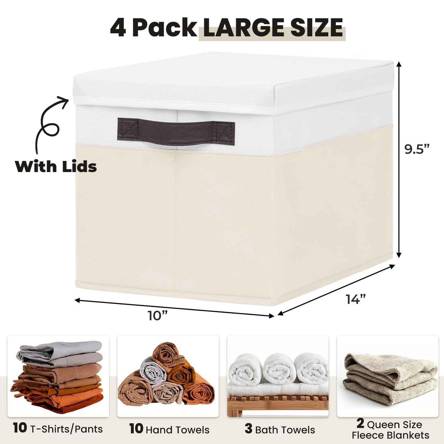 Large Nursery Closet Organizer Bins with Lids 4 Pack - 23 QT Decorative Storage Baskets for Living Room Bedroom Shelf - Stackable Storage Boxes with Lids Handles for Clothes Sweater Book Towel Purse