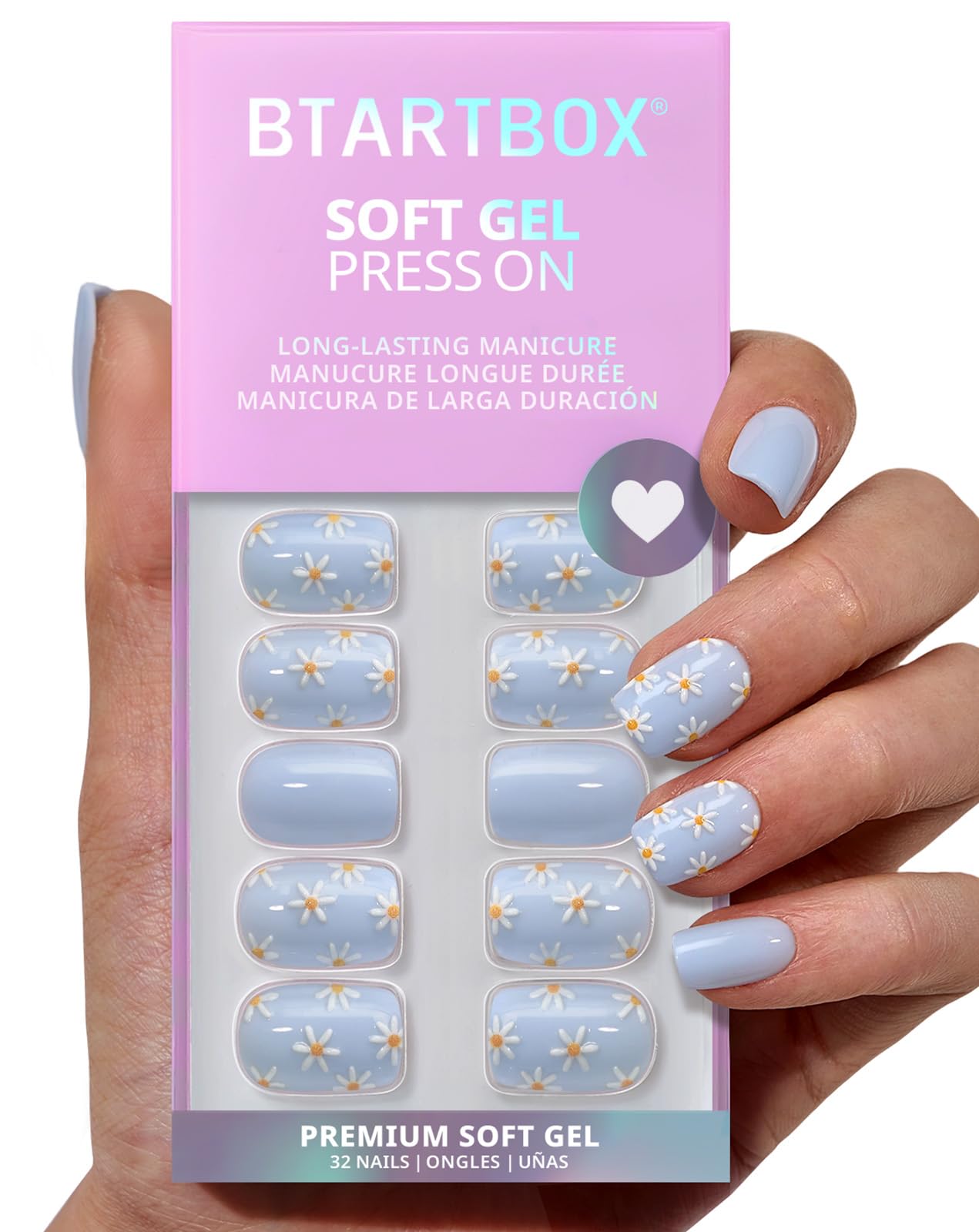 BTArtbox Press On Nails Short - Porch Sky, Easy-to-Apply 3D Flower Pastel Square Press On Nails with Glue and Adhesive Tabs in 16 Sizes - 32 Nails All-in-One Kit