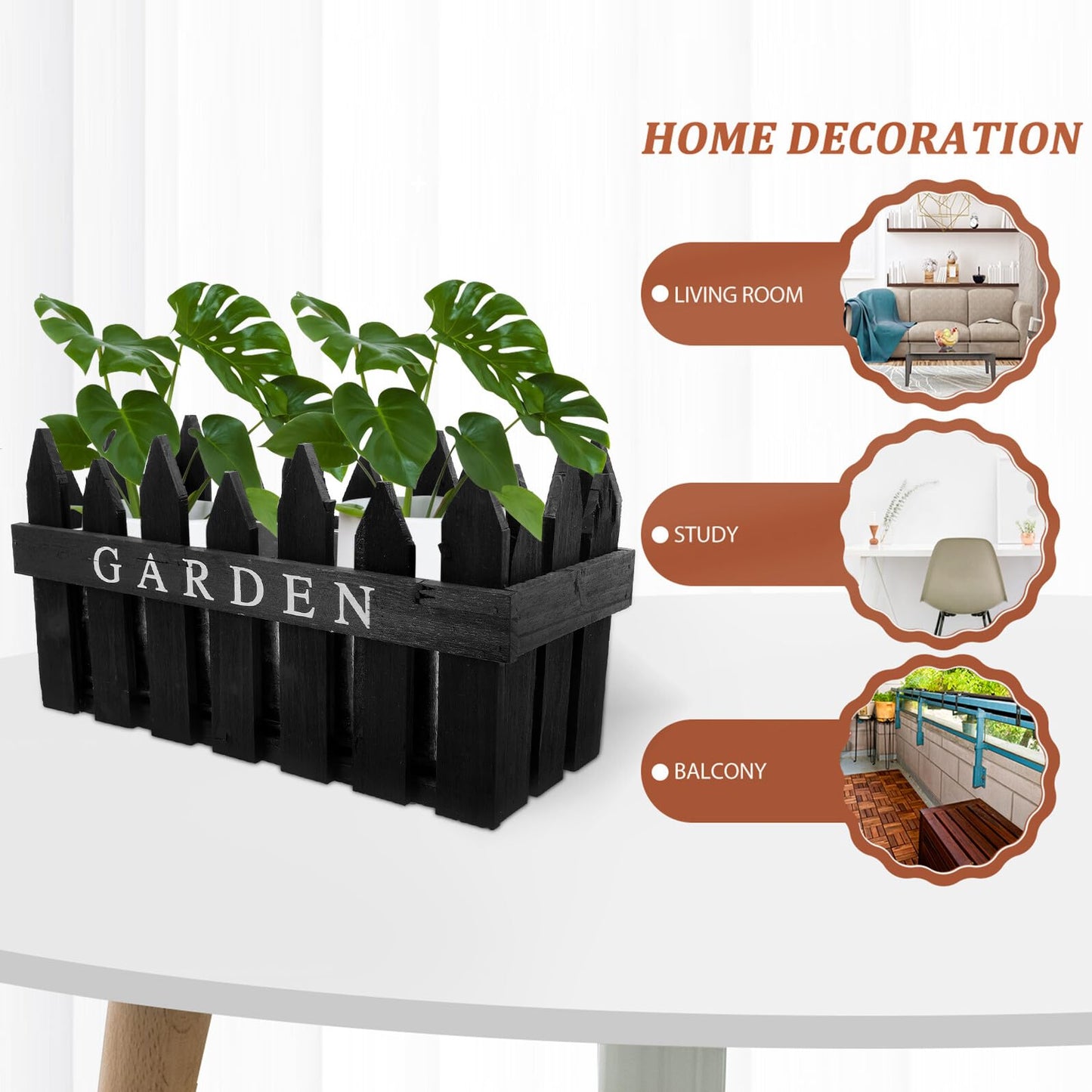 OSALADI Rectangular Wooden Planting Box Decorative Fence Flower Pot Planter for Indoor Outdoor Garden Home Décor Black Wood Material