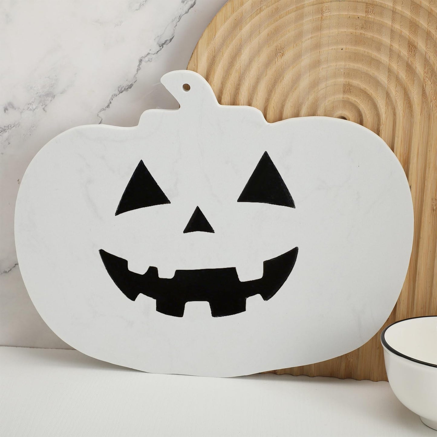 Reallnaive Halloween Marble Pumpkin Cheese Board Charcuterie Cutting Tray Marble Serving Decorative for Decoration Charcuterie Kitchen(White)