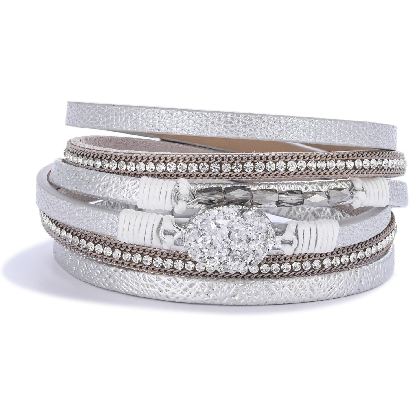FANCY SHINY Boho Leather Wrap Bracelet Stackable Chunky Crystal Cuff Bracelets with Magnetic Clasp Cowboy Cowgirl Western Summer Beach Outfits Jewelry Gifts for Women (14.7", Silver)